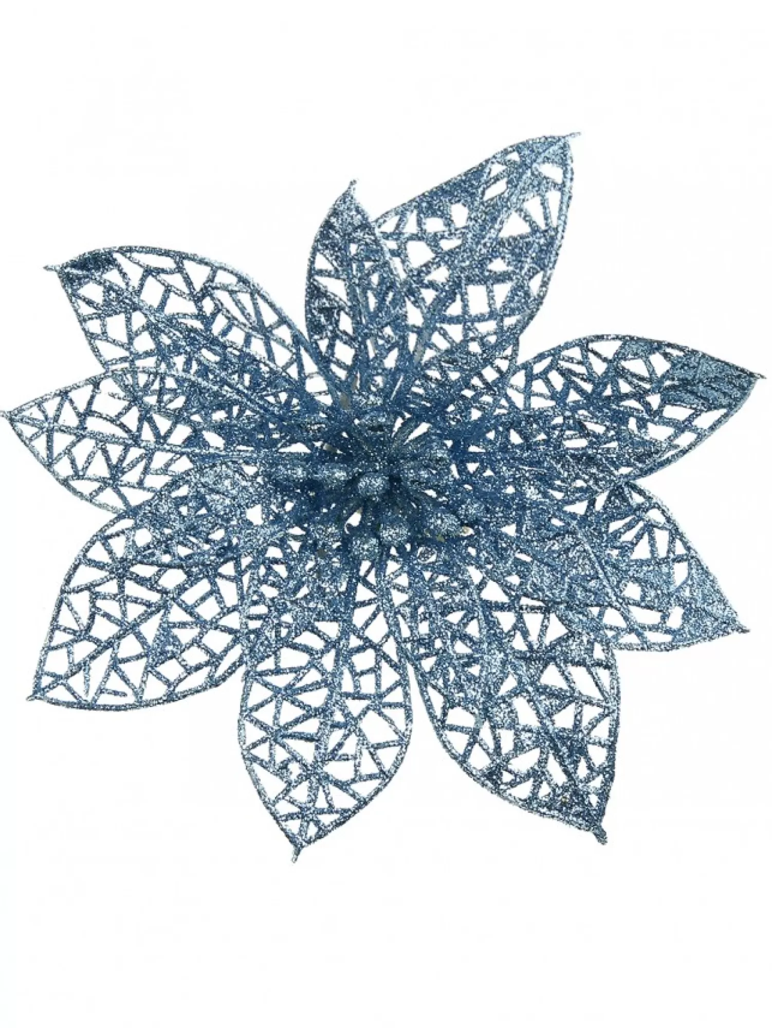 Christmas Warehouse Blue Glitter Netted Vein Leaf Poinsettia Decorative Christmas Flower Pick - 14Cm> Christmas Picks