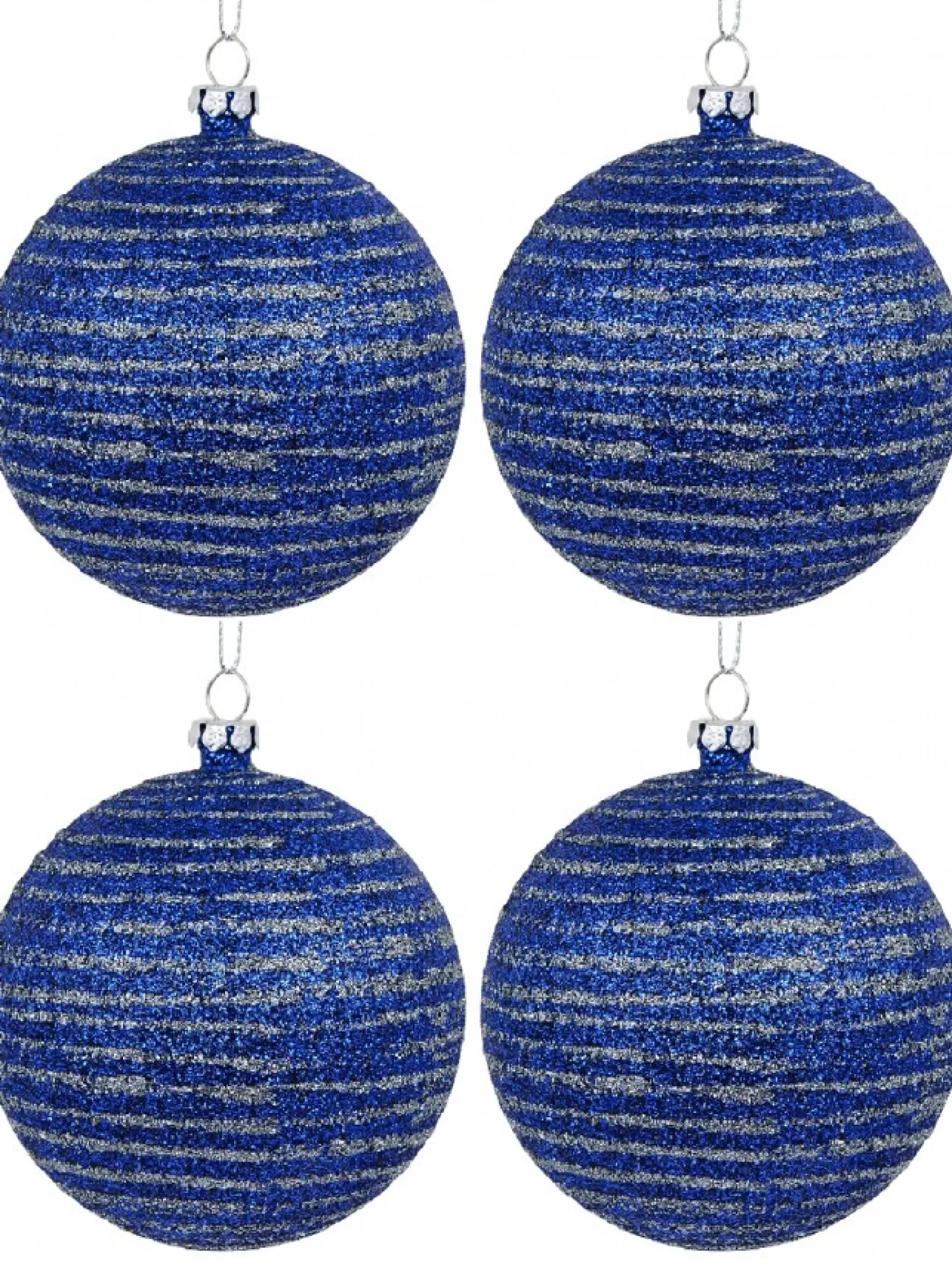Christmas Warehouse Blue Glittered Christmas Baubles With Silver Glittered Stripes - 4 X 80Mm> Bauble Packs