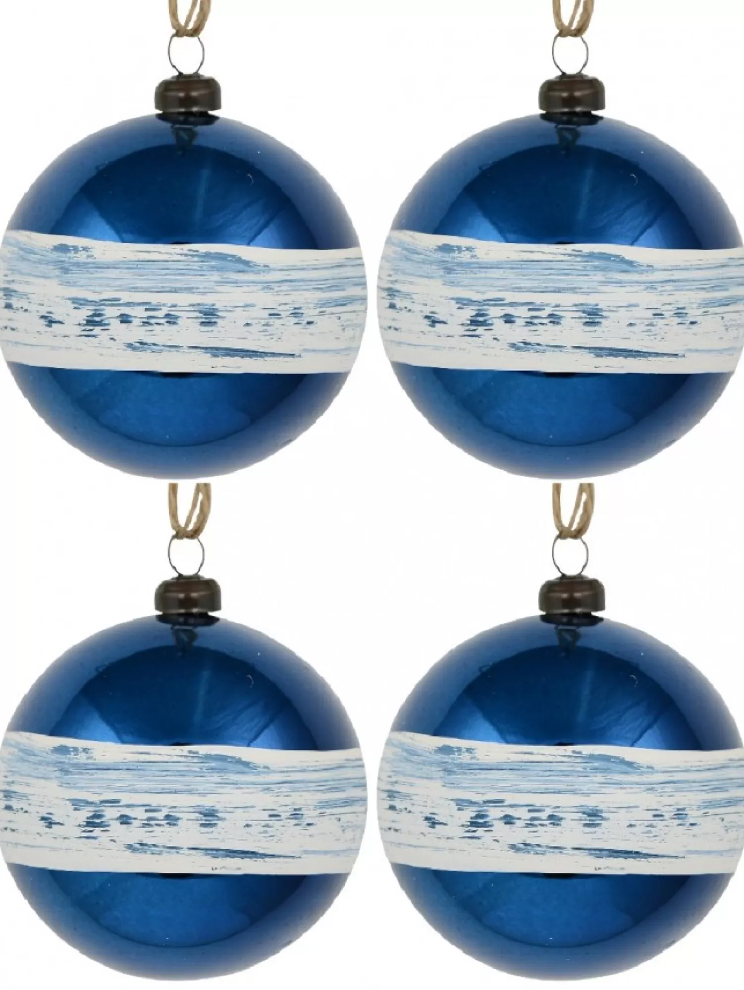 Christmas Warehouse Blue Gloss Christmas Bauble Decorations With Cream Stripe Band - 4 X 80Mm> Bauble Packs