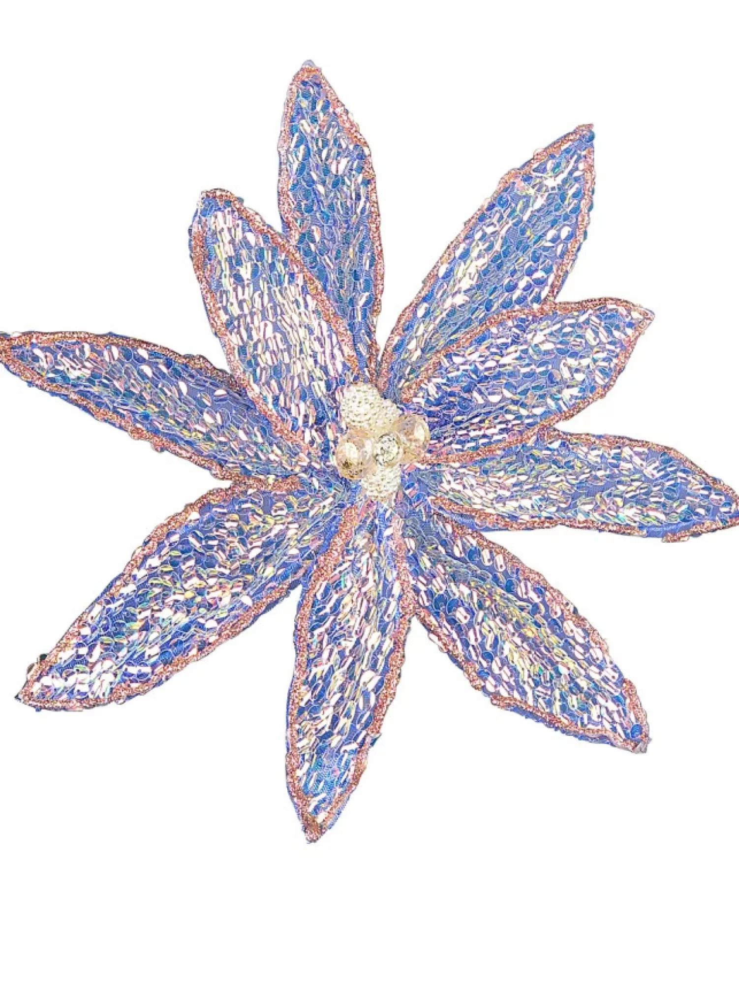 Christmas Warehouse Blue Poinsettia With Iridescent Sequins & Pink Edges Flower Pick - 26Cm> Christmas Picks