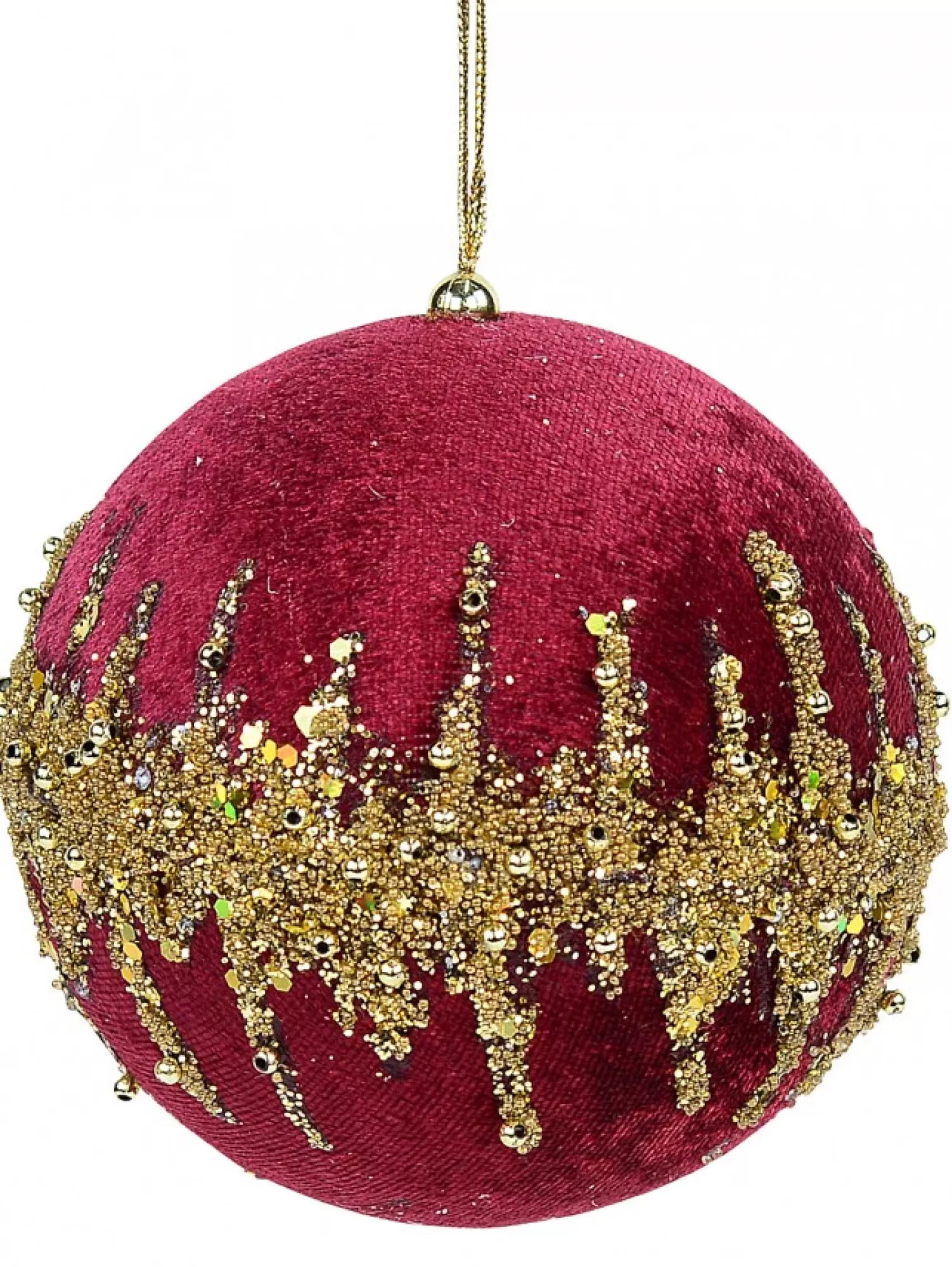 Christmas Warehouse Burgundy Velvet Bauble With Gold Christmas Tree Hanging Decoration - 10Cm> Hanging Decorations - Individual