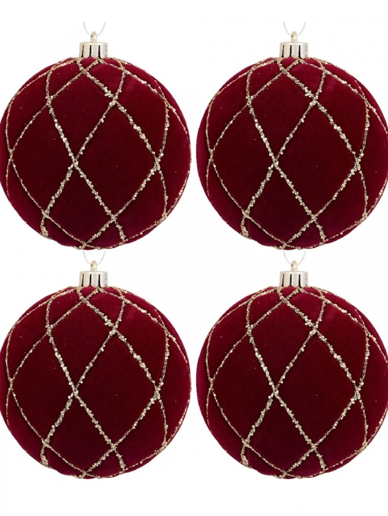 Christmas Warehouse Burgundy Velvet Baubles With Diamond Pattern Gold Sequin Lines - 4 X 10Cm> Bauble Packs
