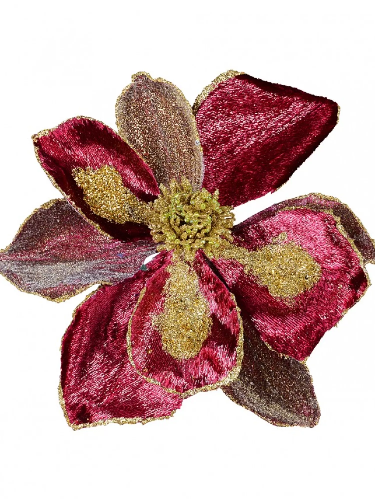 Christmas Warehouse Burgundy With Gold Glitter Magnolia Decorative Christmas Flower Pick - 22Cm> Christmas Picks