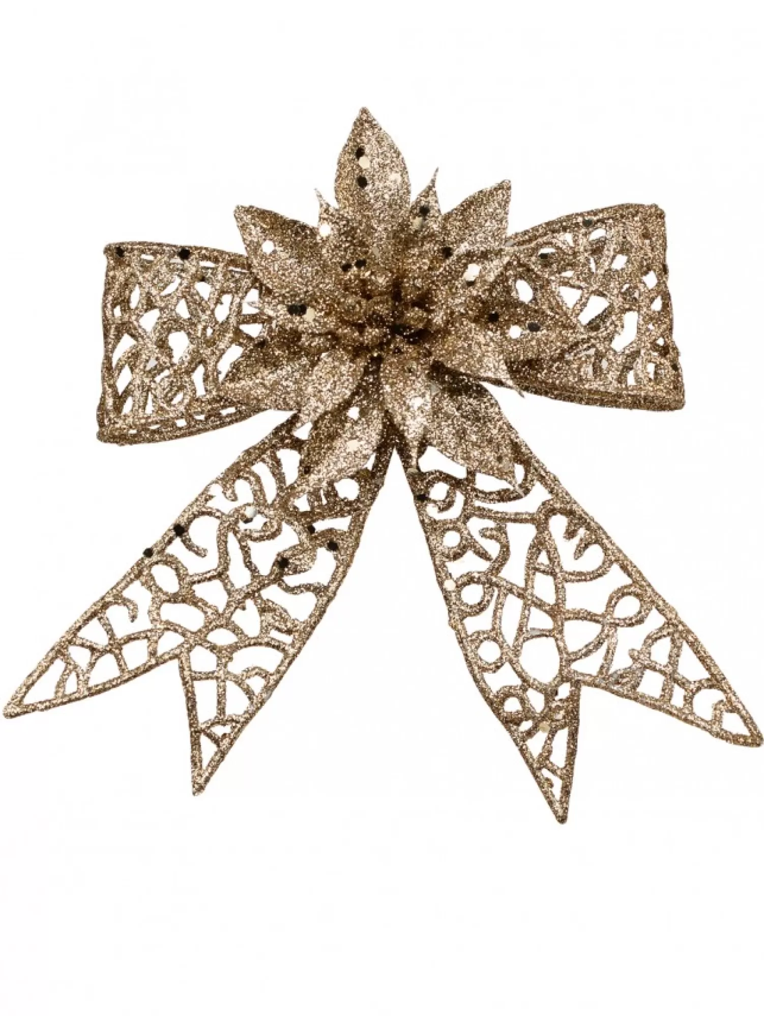 Christmas Warehouse Champagne Mesh Look Ribbon Bow & Poinsettia Christmas Decoration - 15Cm> Christmas Bows