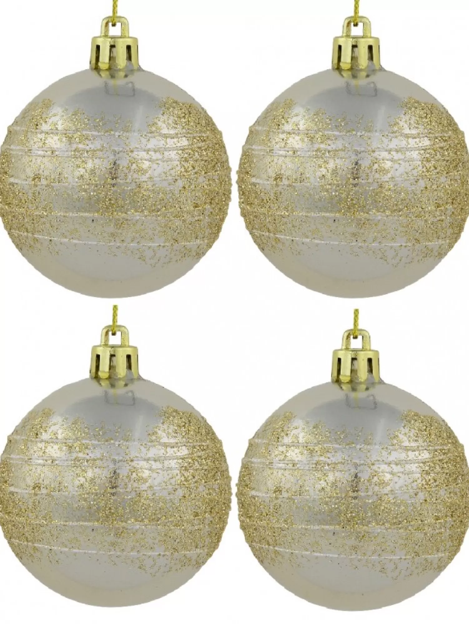 Christmas Warehouse Champagne Pearl Baubles With Gold Glitter & White Stripes - 12 X 60Mm> Bauble Packs