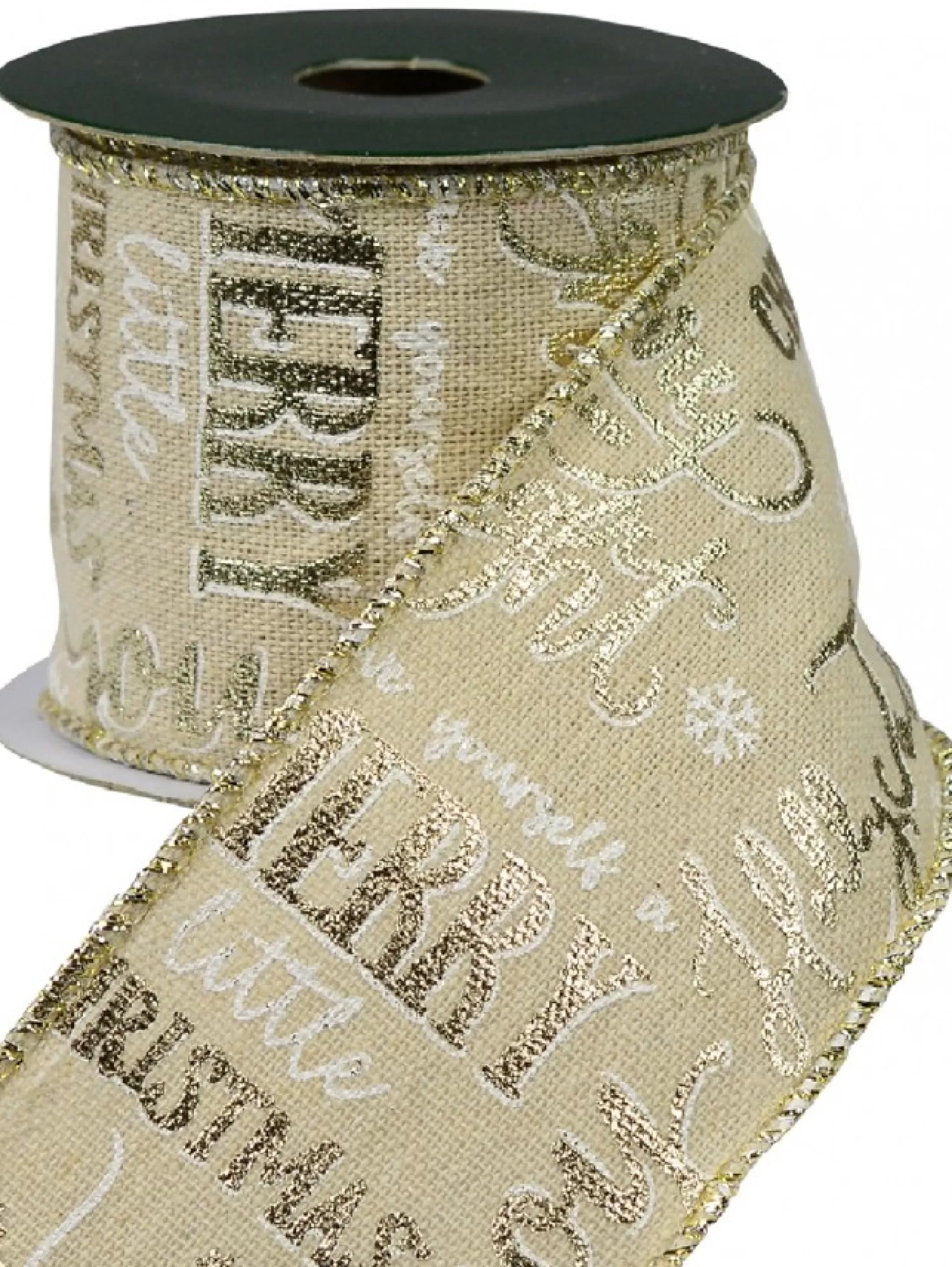 Christmas Warehouse Christmas Font On Natural Look Christmas Ribbon With Silver Edging - 3M> Christmas Ribbon