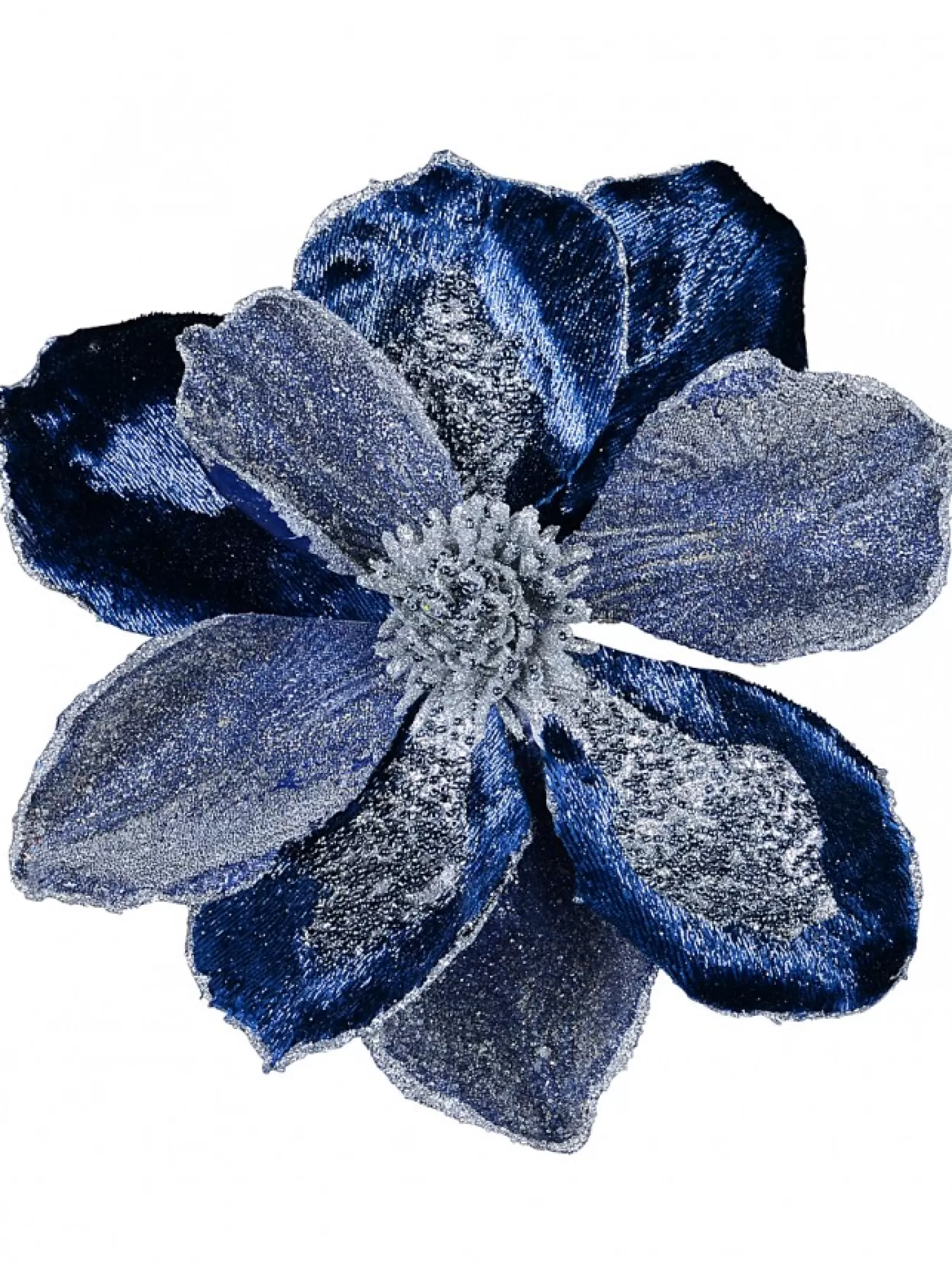 Christmas Warehouse Dark Blue With Silver Glitter Magnolia Decorative Christmas Flower Pick - 22Cm> Christmas Picks