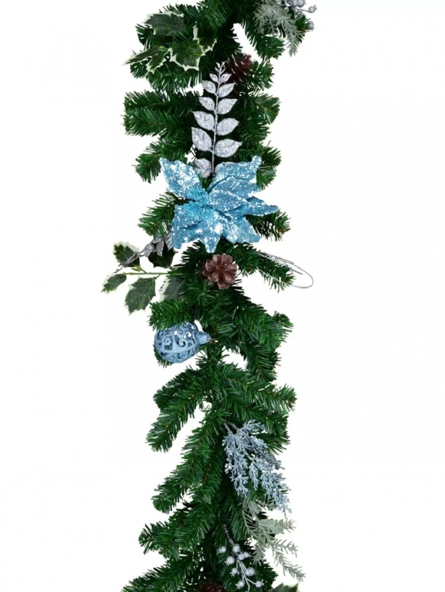 Christmas Warehouse Decorated Blue Poinsettia, Pine Cone, Foliage & Baubles Pine Garland - 2.7M> Christmas Garlands