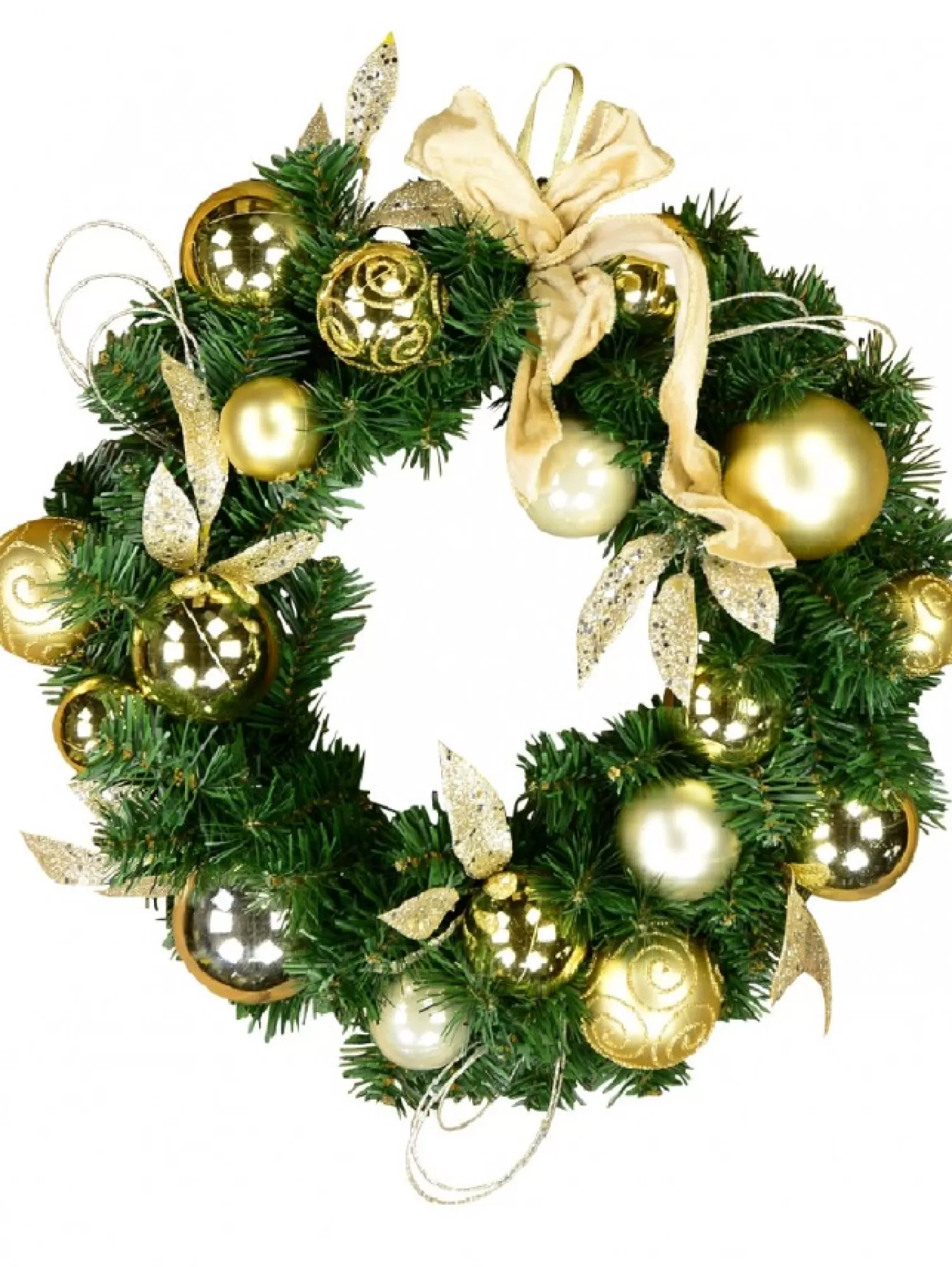 Christmas Warehouse Decorated Gold & Champagne Bauble, Leaf Stem & Bow Pine Wreath - 45Cm> Christmas Wreaths