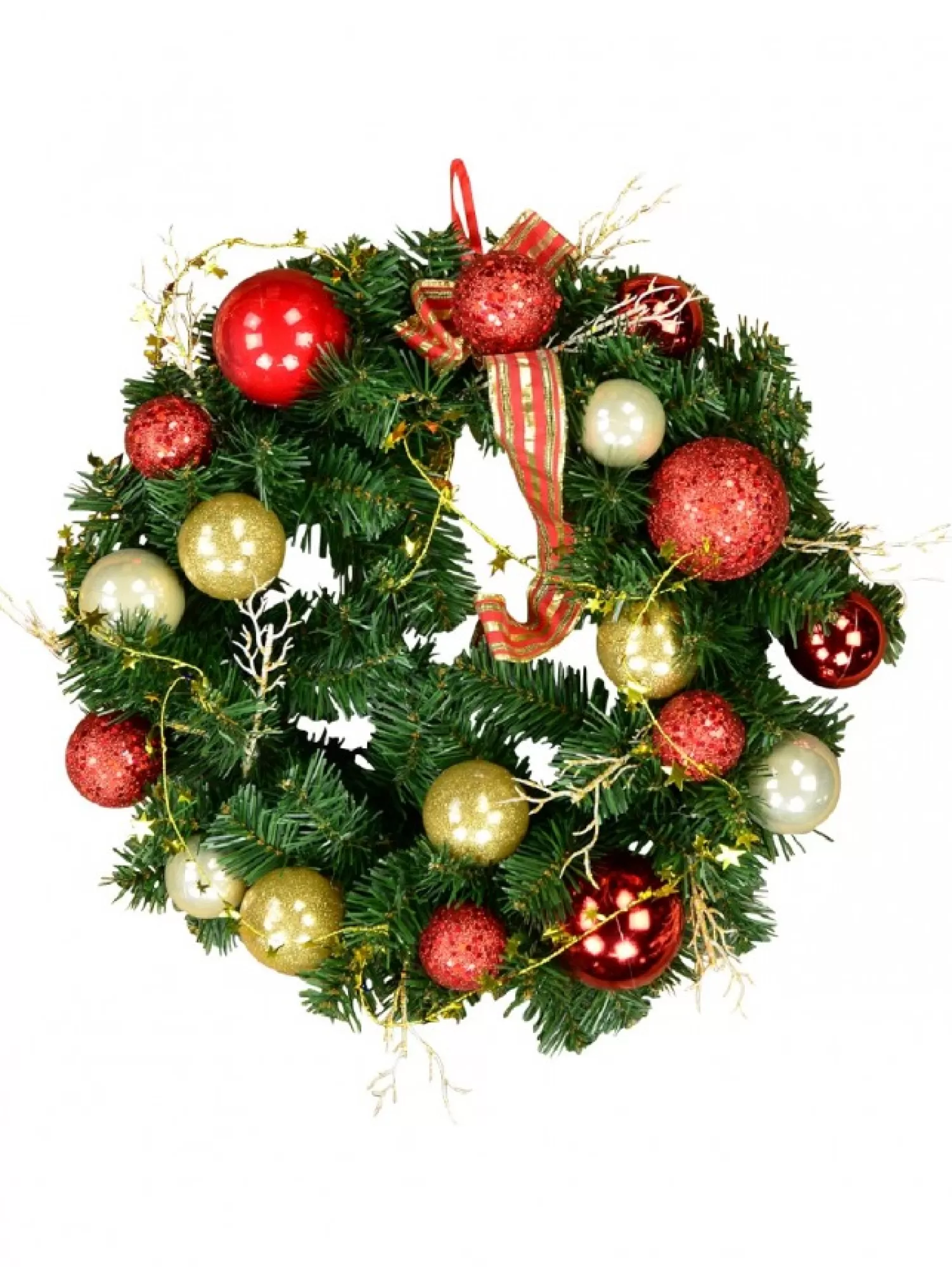 Christmas Warehouse Decorated Red & Gold Bauble, Ribbon & Twigs Pine Wreath - 44Cm> Christmas Wreaths