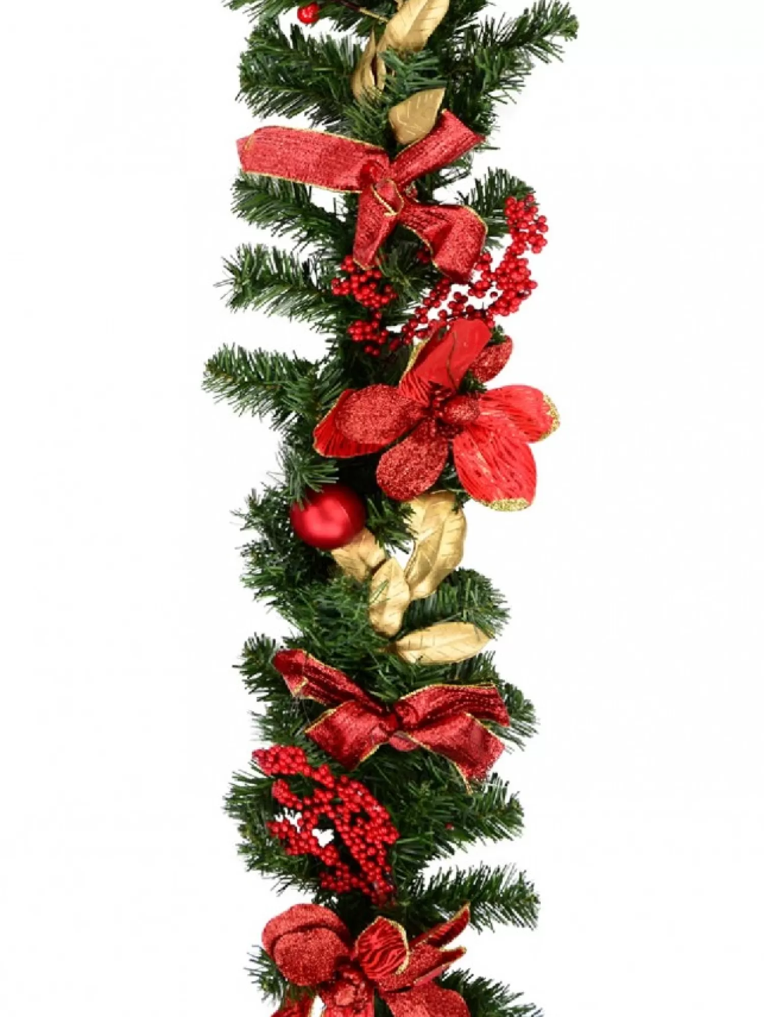 Christmas Warehouse Decorated Red Bauble, Berry & Poinsettia & Gold Leaf Pine Garland - 1.8M> Christmas Garlands