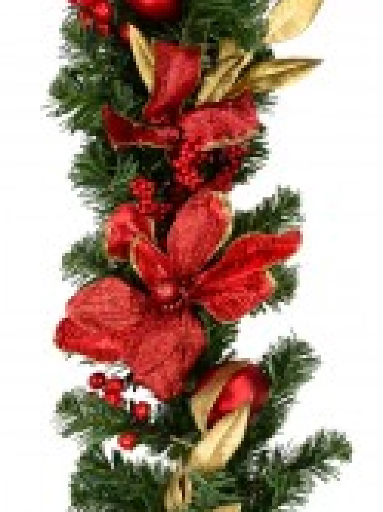Christmas Warehouse Decorated Red Bauble, Berry & Poinsettia & Gold Leaf Pine Garland - 1.8M> Christmas Garlands