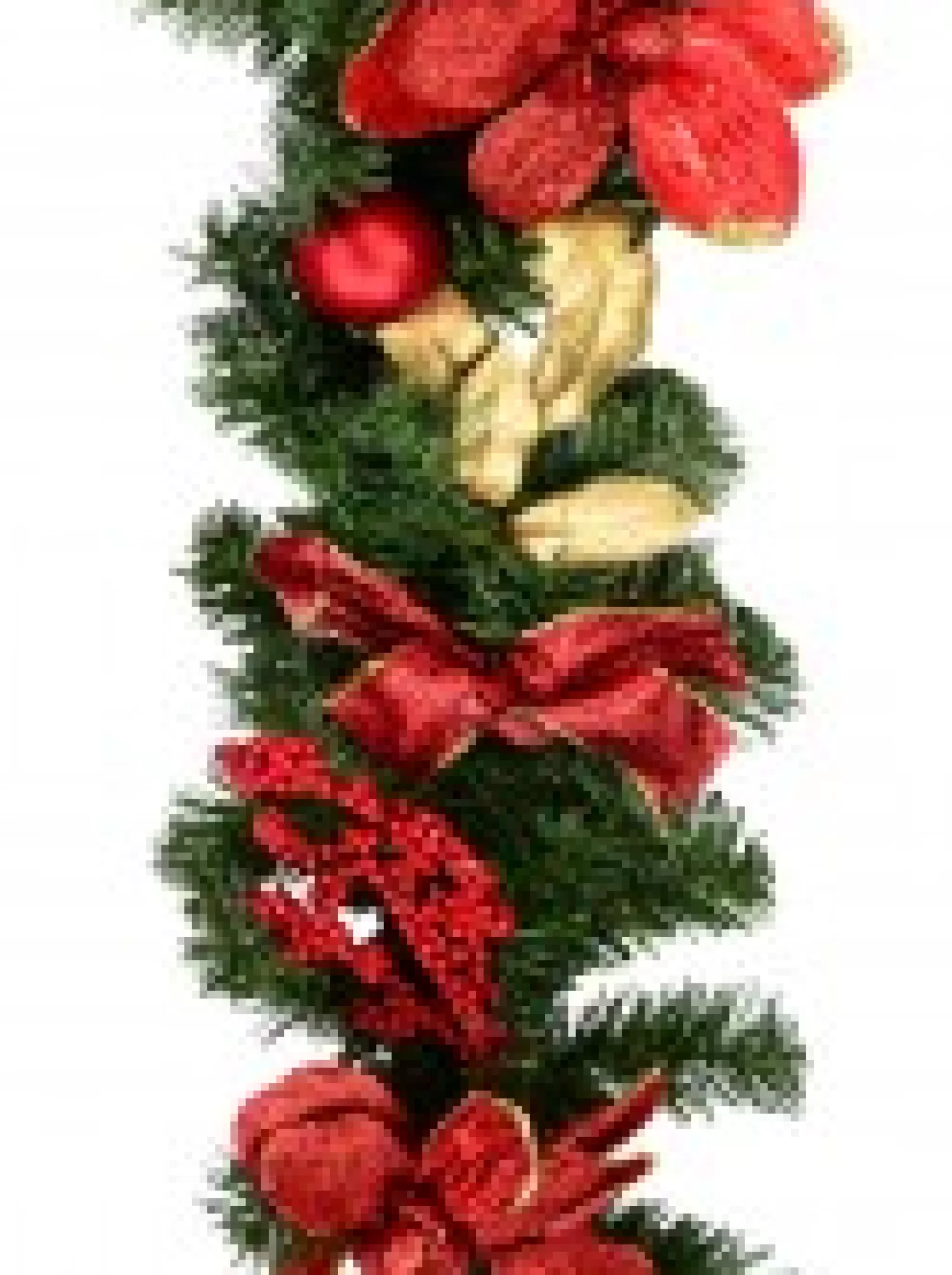 Christmas Warehouse Decorated Red Bauble, Berry & Poinsettia & Gold Leaf Pine Garland - 1.8M> Christmas Garlands
