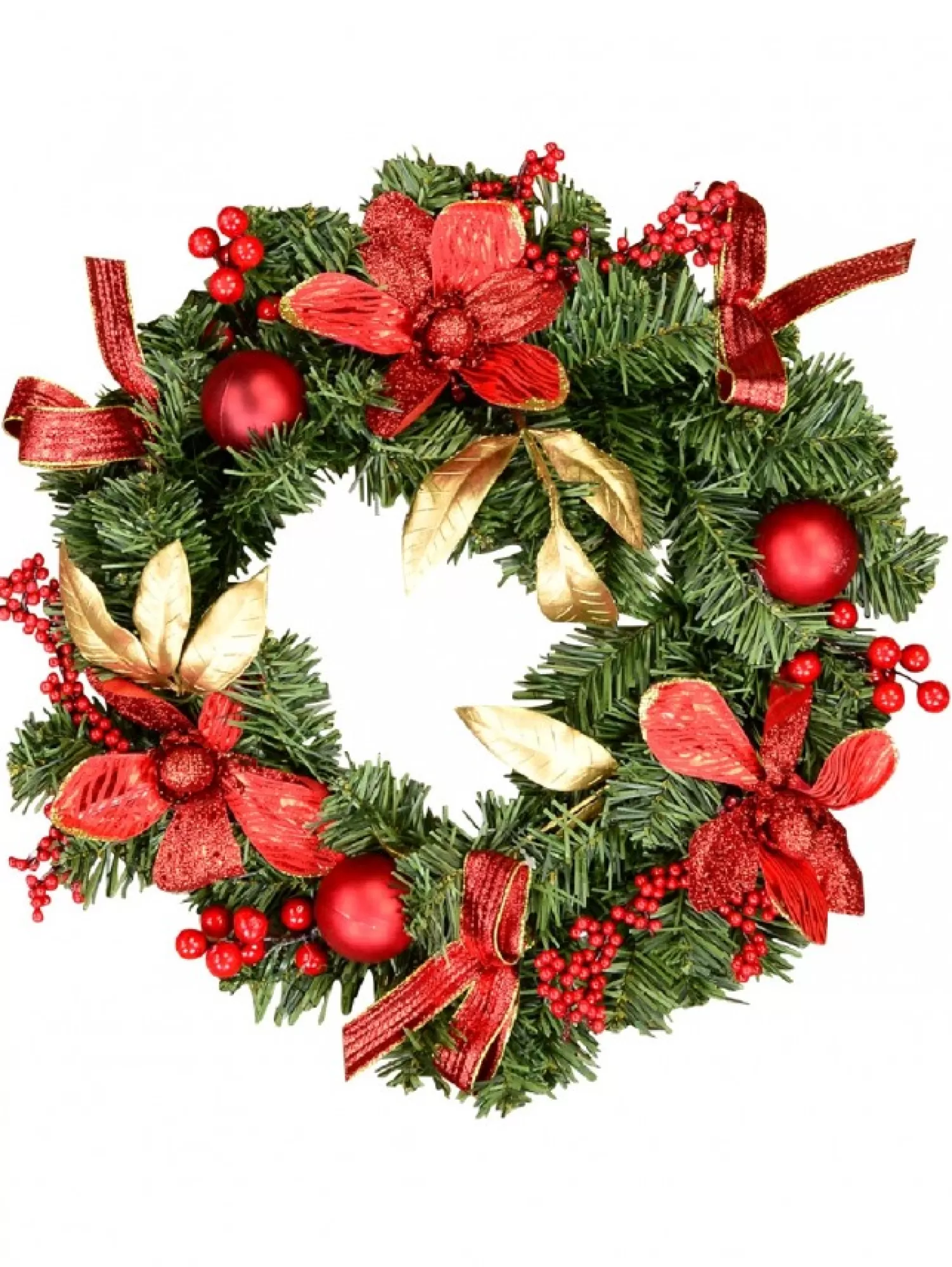 Christmas Warehouse Decorated Red Bauble, Berry & Poinsettia & Gold Leaf Pine Wreath - 40Cm> Christmas Wreaths