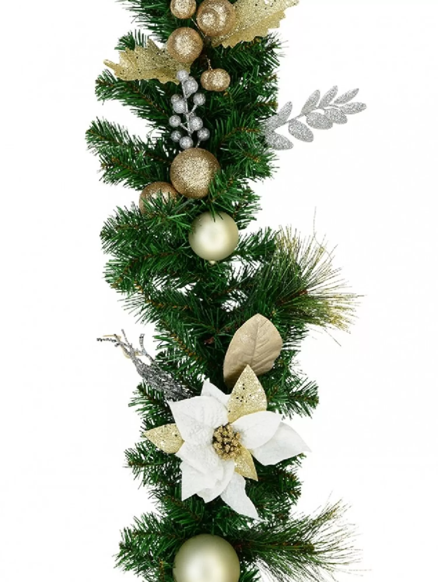 Christmas Warehouse Decorated White Poinsettia, Mistletoe, Berries & Baubles Pine Garland - 2.3M> Christmas Garlands