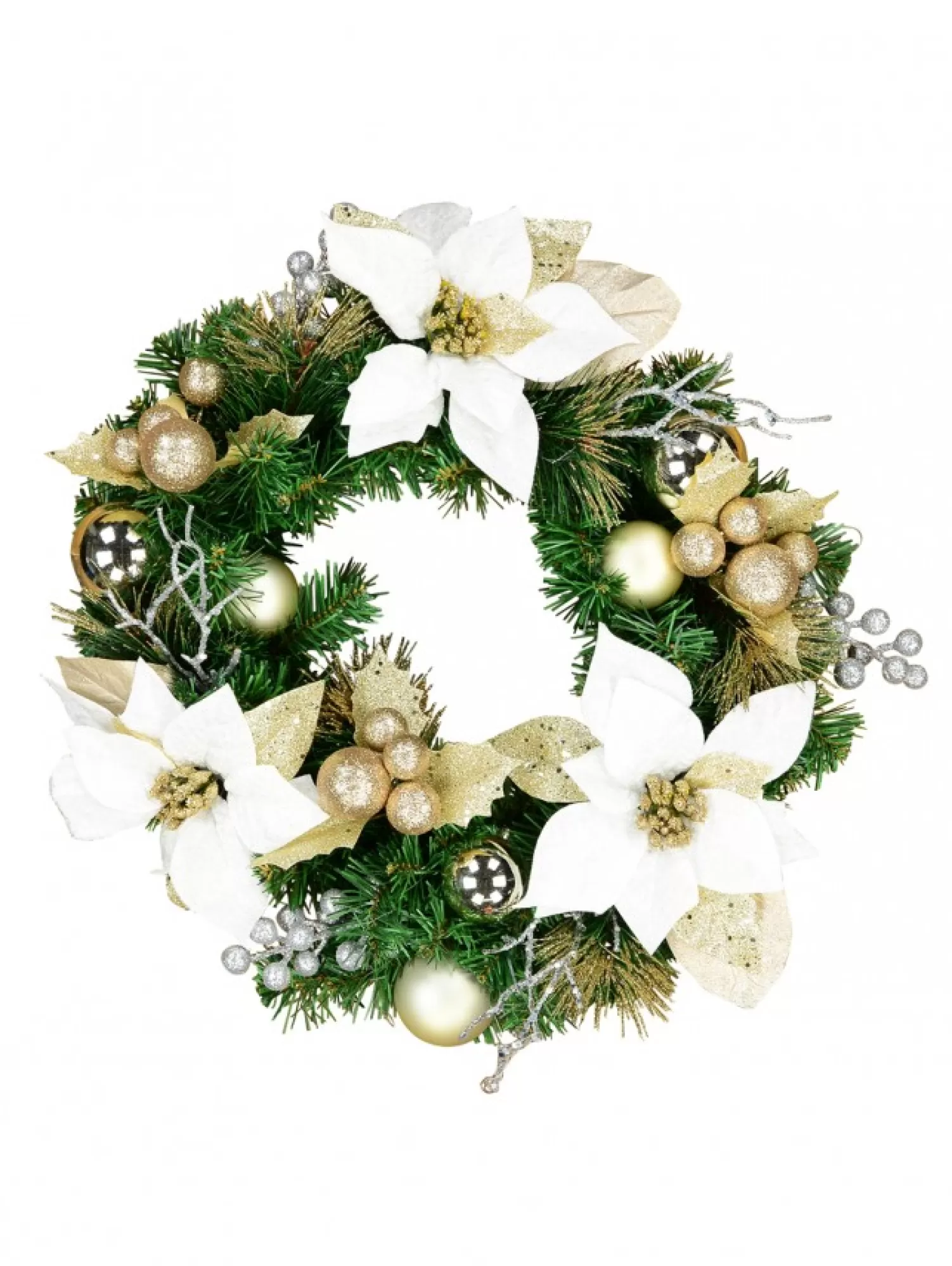 Christmas Warehouse Decorated White Poinsettia, Mistletoe, Berries & Baubles Pine Wreath - 45Cm> Christmas Wreaths