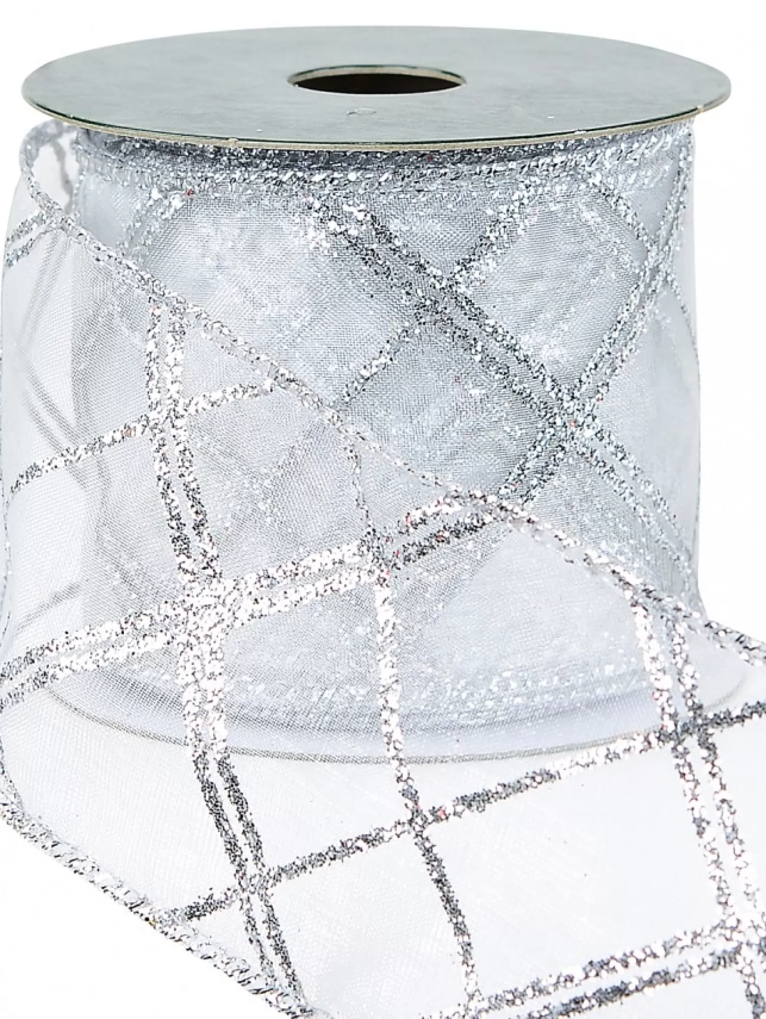 Christmas Warehouse Diagonal Lines Pattern On Sheer Christmas Ribbon With Silver Edging - 3M> Christmas Ribbon