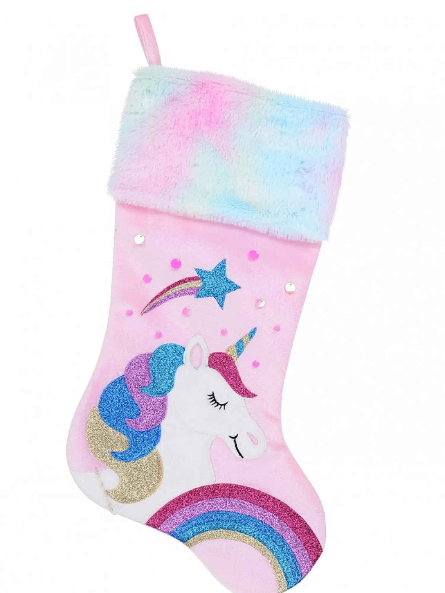 Christmas Warehouse Fabulous Unicorn, Rainbow & Star Applique Velvet Christmas Stocking - 48Cm> Christmas Stockings