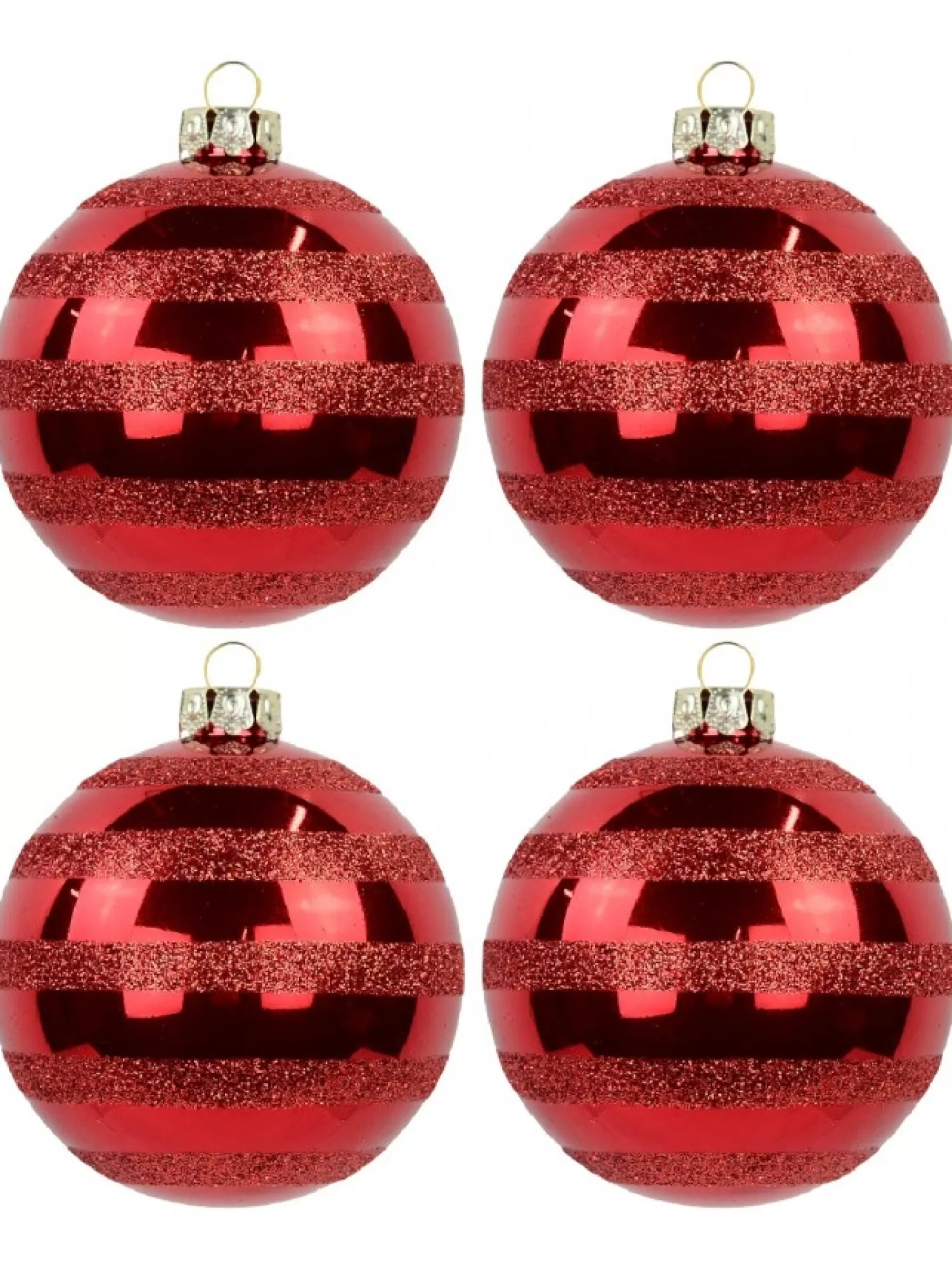 Christmas Warehouse Festive Red Gloss Christmas Bauble Decorations With Glitter Stripes - 6 X 70Mm> Bauble Packs