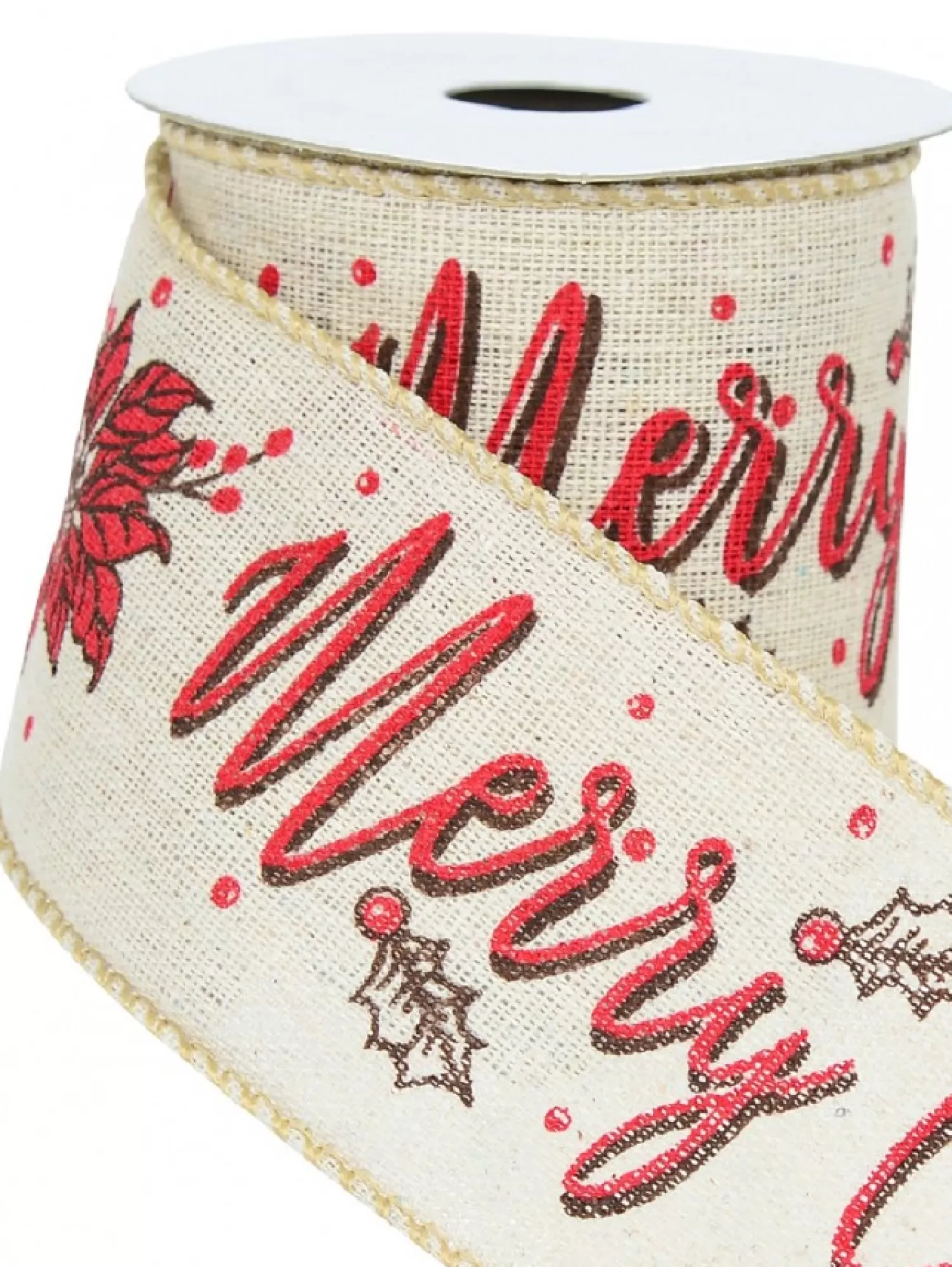 Christmas Warehouse Font & Floral Pattern On Mesh Fabric Christmas Ribbon With Natural Edging - 3M> Christmas Ribbon
