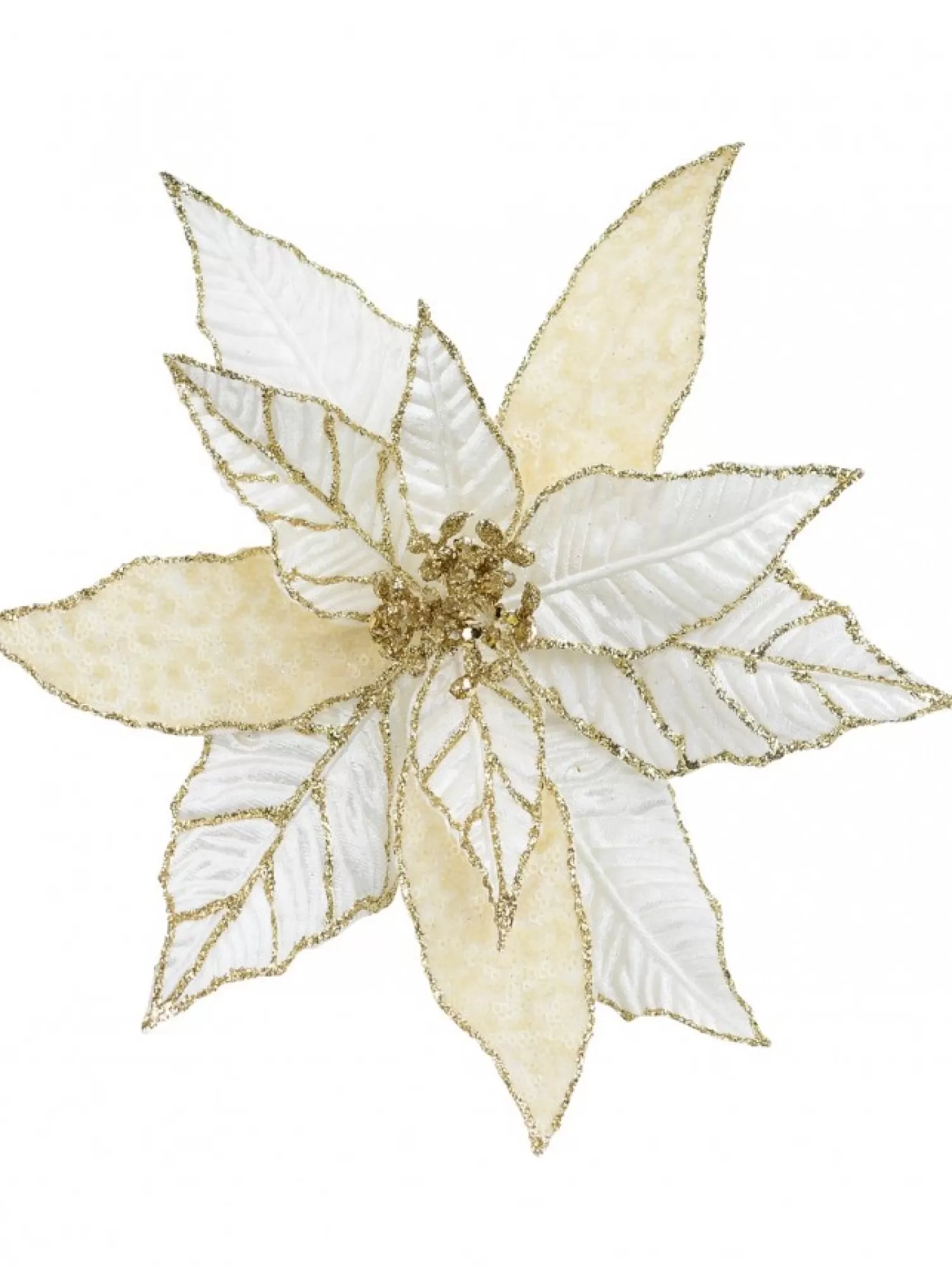 Christmas Warehouse Gold Glittered White & Cream Poinsettia Decorative Christmas Flower Pick - 28Cm> Christmas Picks