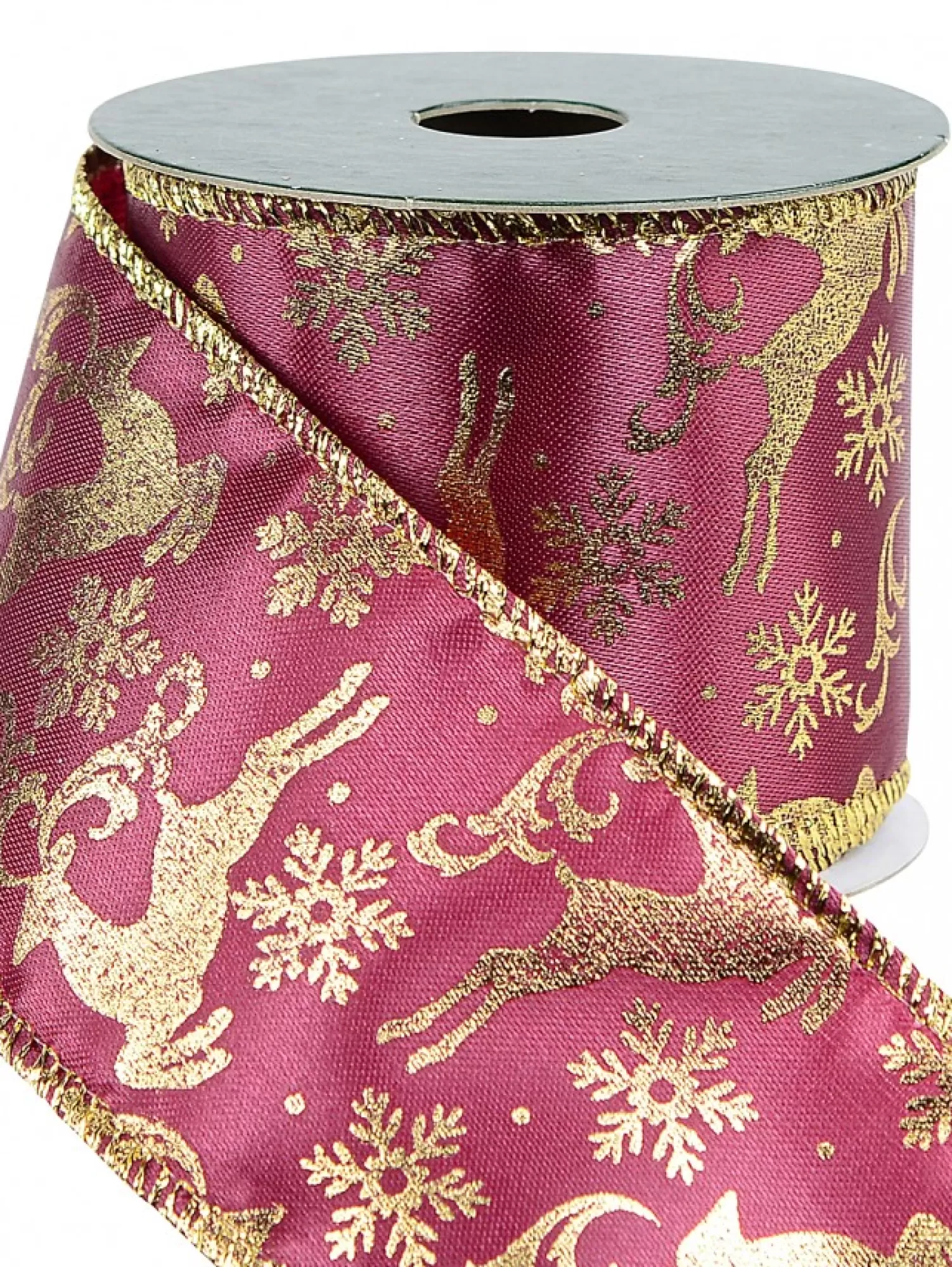 Christmas Warehouse Gold Reindeer Pattern On Burgundy Christmas Ribbon With Gold Edging - 3M> Christmas Ribbon