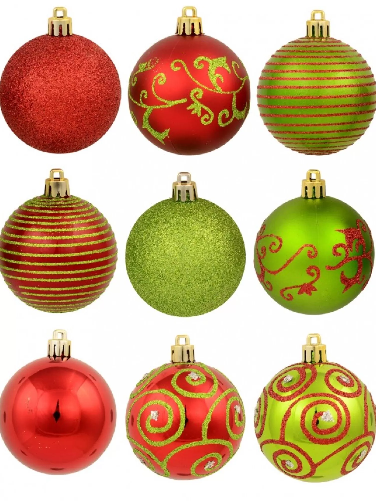 Christmas Warehouse Green & Red Christmas Baubles With 4 Glitter Designs & Shiny - 9 X 60Mm> Bauble Packs