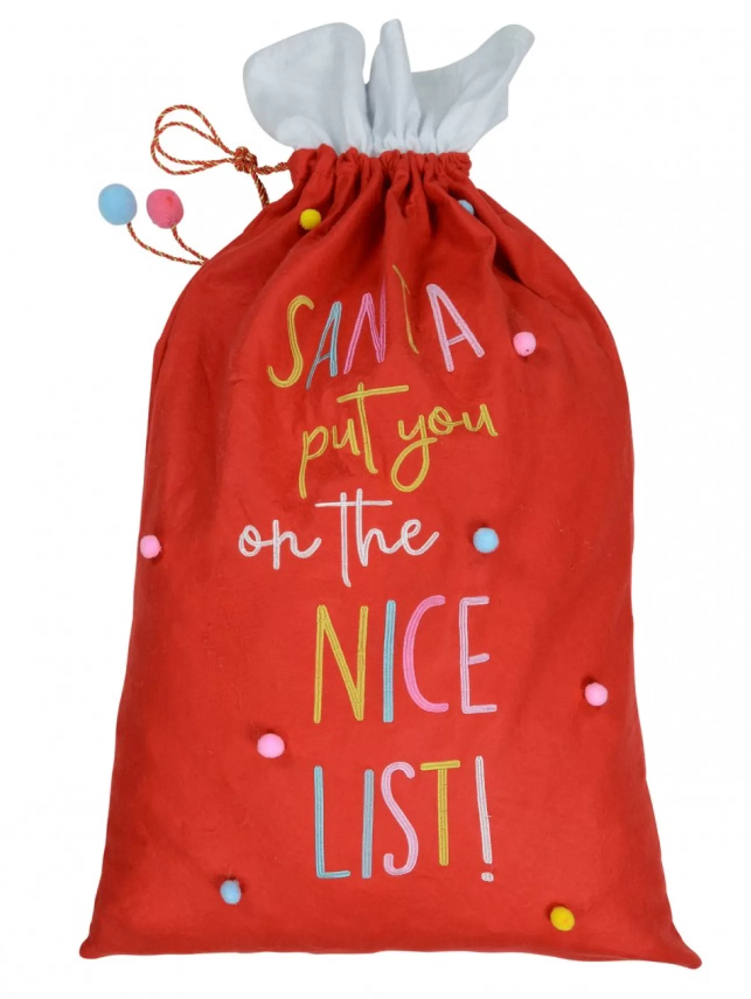 Christmas Warehouse Large Felt ' Santa Put You On The Nice List! ' & Pom-Poms Gift Santa Sack - 1M> Santa Sacks