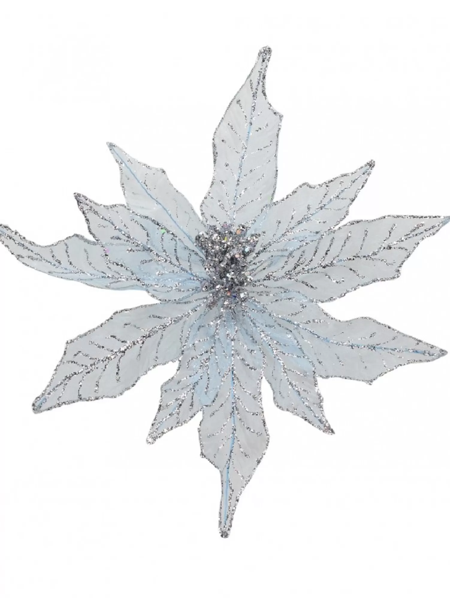 Christmas Warehouse Light Baby Blue Glittered Mesh Leaf Poinsettia Christmas Flower Pick - 28Cm> Christmas Picks