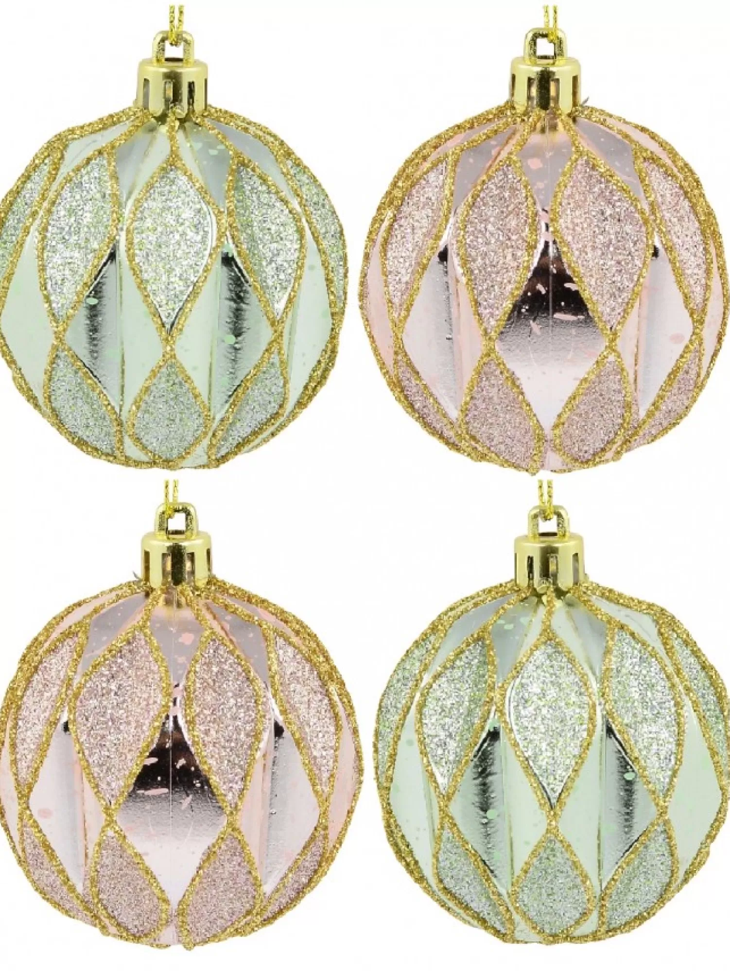 Christmas Warehouse Light Pink & Green Geometric Shiny & Glittered Christmas Baubles - 6 X 60Mm> Bauble Packs