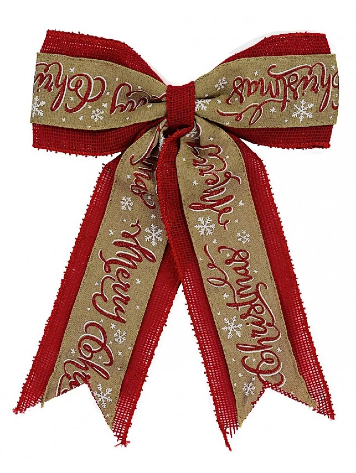 Christmas Warehouse Merry Christmas On Natural & Red Hessian Christmas Bow Decoration - 35Cm> Christmas Bows