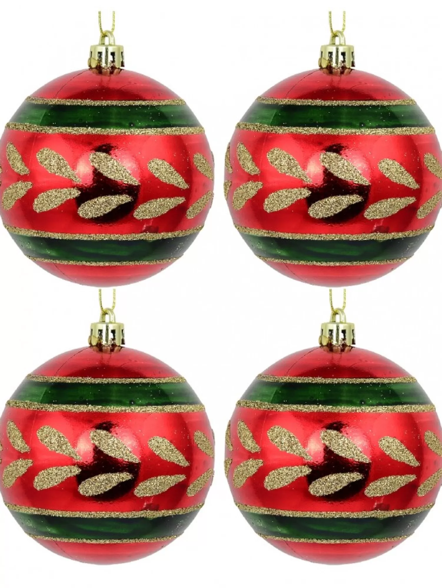Christmas Warehouse Metallic Red Christmas Baubles With Gold Glitter & Green Patterns - 4 X 80Mm> Bauble Packs