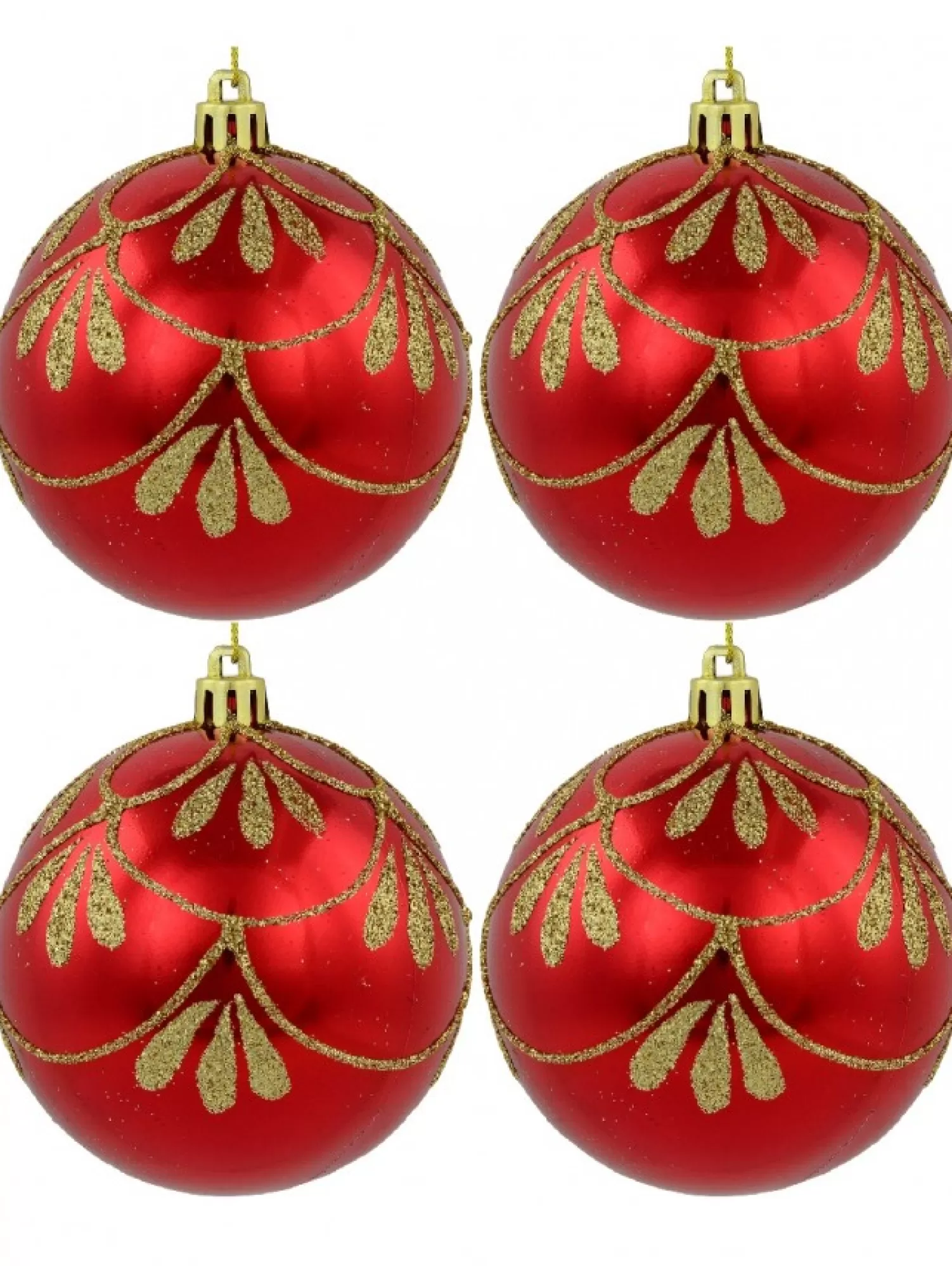 Christmas Warehouse Metallic Red Christmas Baubles With Gold Glitter Ornate Design - 4 X 80Mm> Bauble Packs