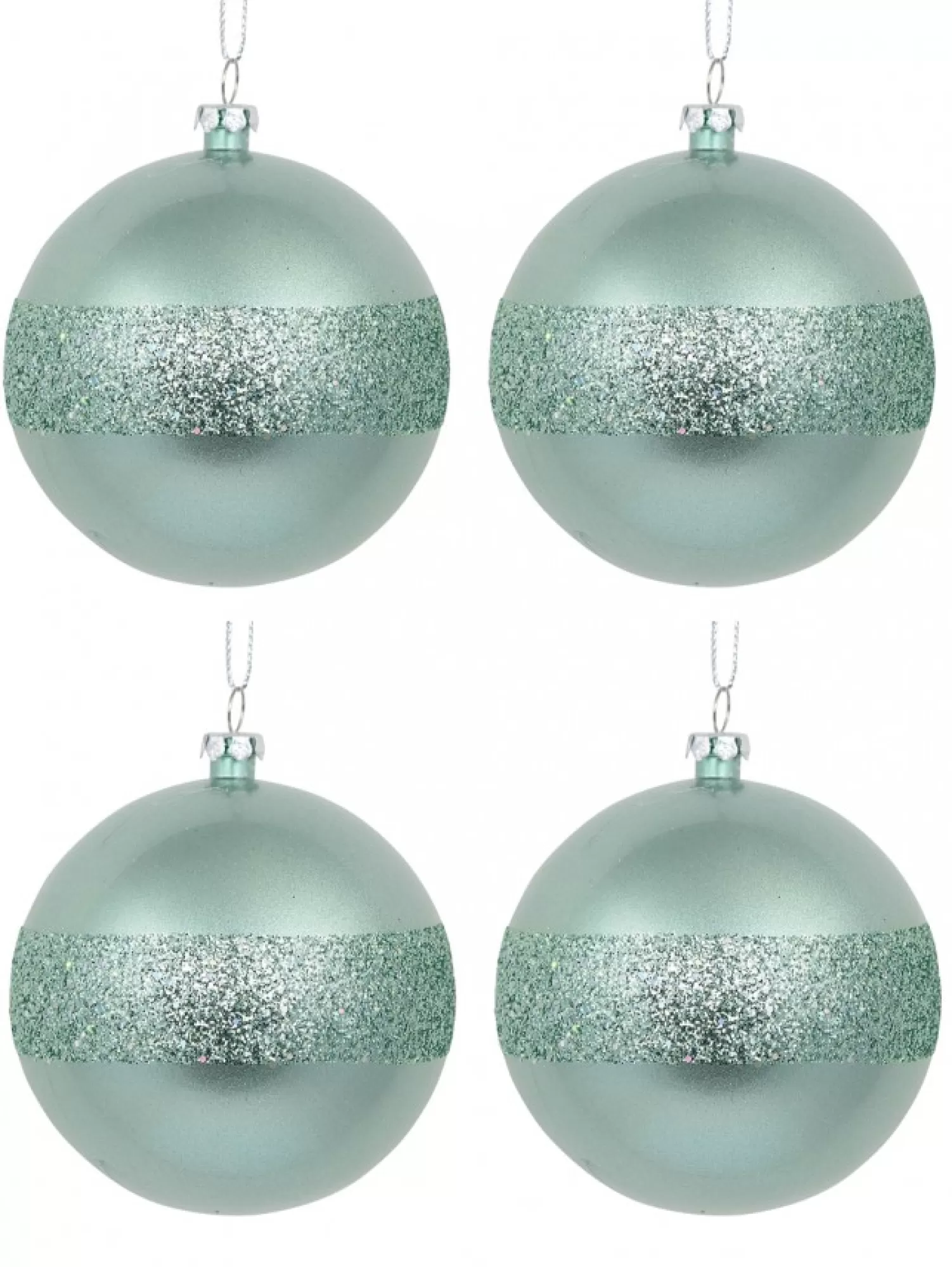 Christmas Warehouse Mint Pearl Green Christmas Baubles With Laser Glitter Band - 4 X 80Mm> Bauble Packs