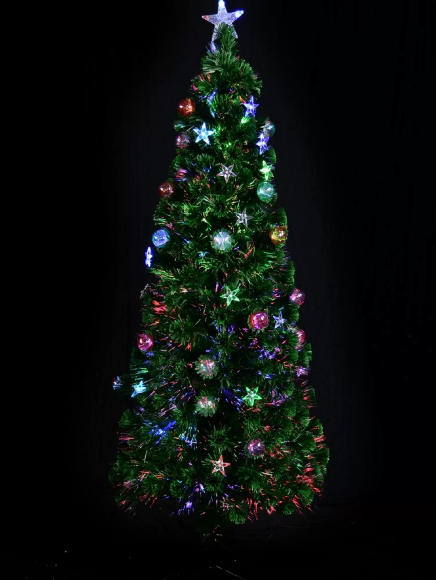 Christmas Warehouse Multi Colour Fibre Optic Christmas Tree With Baubles, Led Stars & 90 Tips - 90Cm> Fibre Optic Christmas Trees