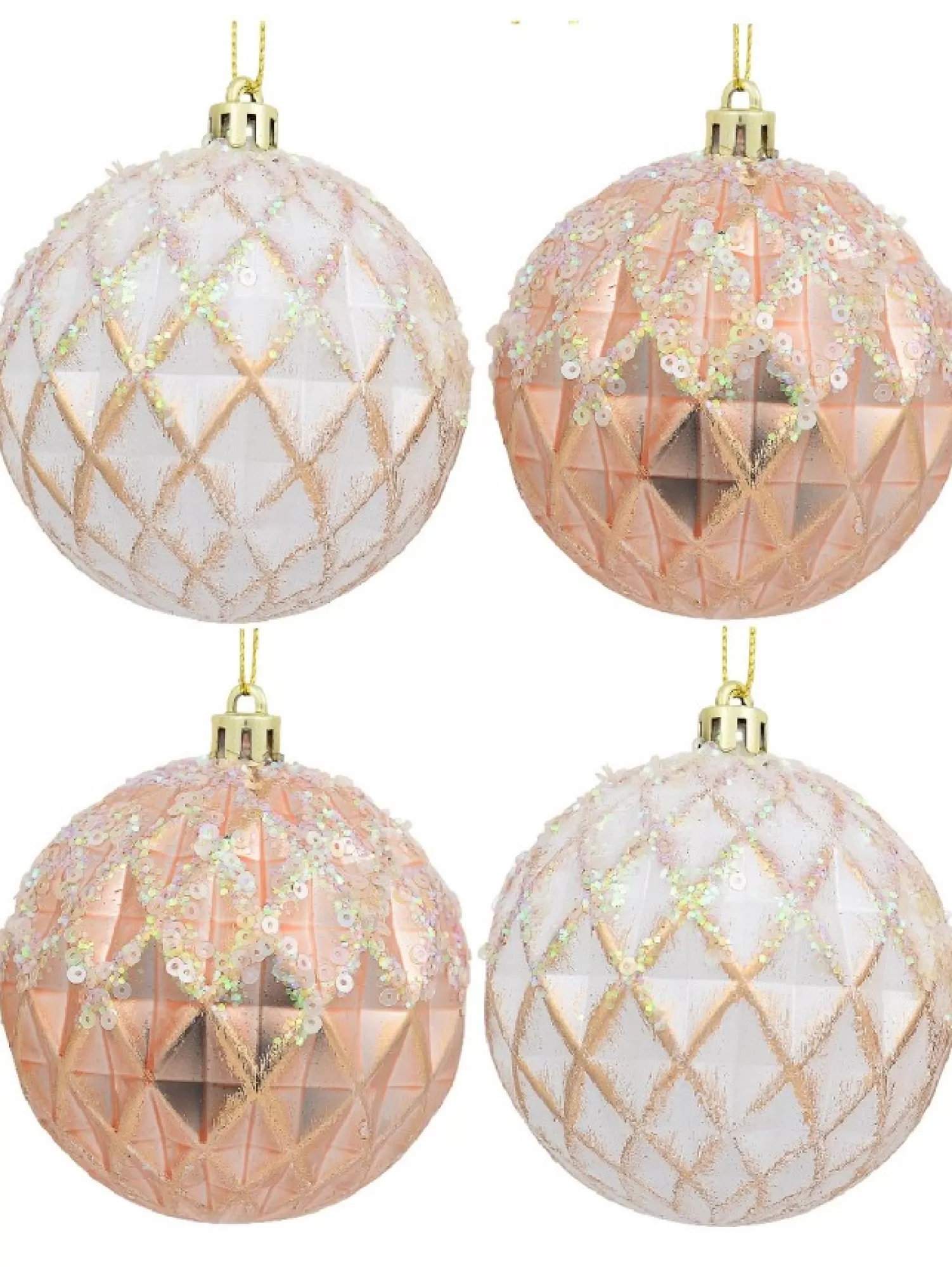 Christmas Warehouse Pearlised Rose Gold & White Textured Baubles With Glitter & Sequins - 4 X 80Mm> Bauble Packs