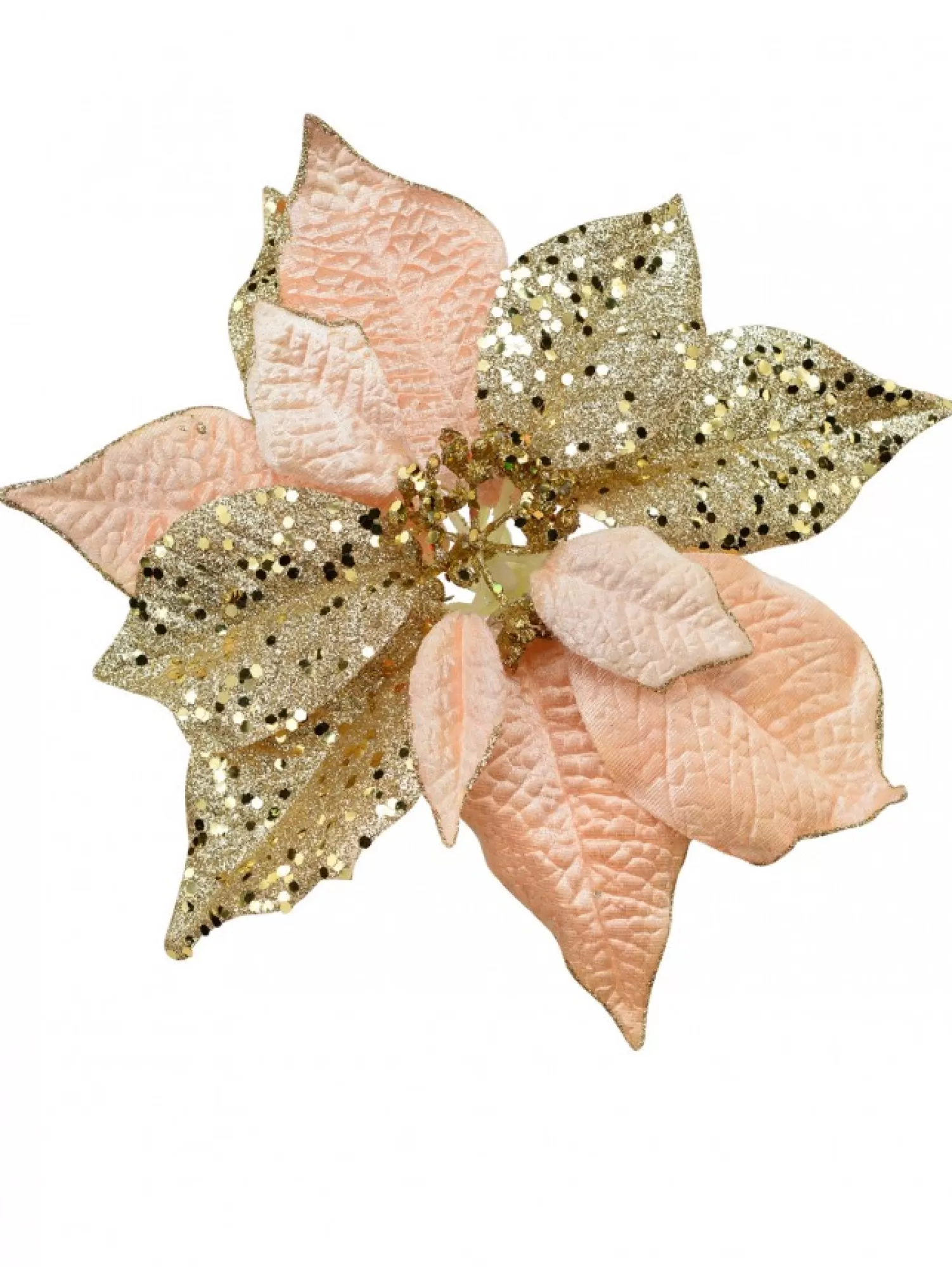 Christmas Warehouse Pink & Gold Two Petal Style Poinsettia Decorative Christmas Flower Pick - 28Cm> Christmas Picks