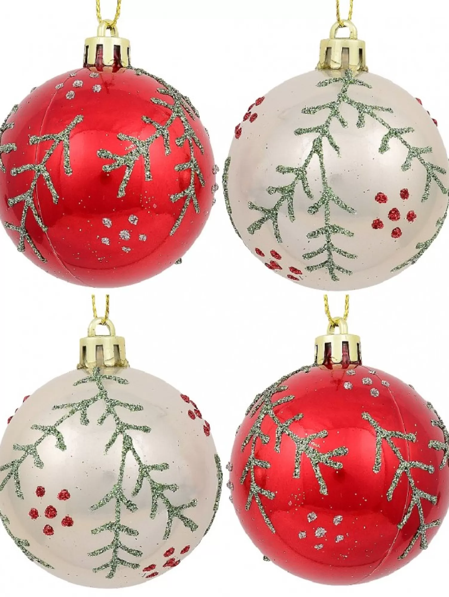 Christmas Warehouse Red & Pearl Christmas Baubles With Glittered Leaves & Dots Pattern - 6 X 60Mm> Bauble Packs