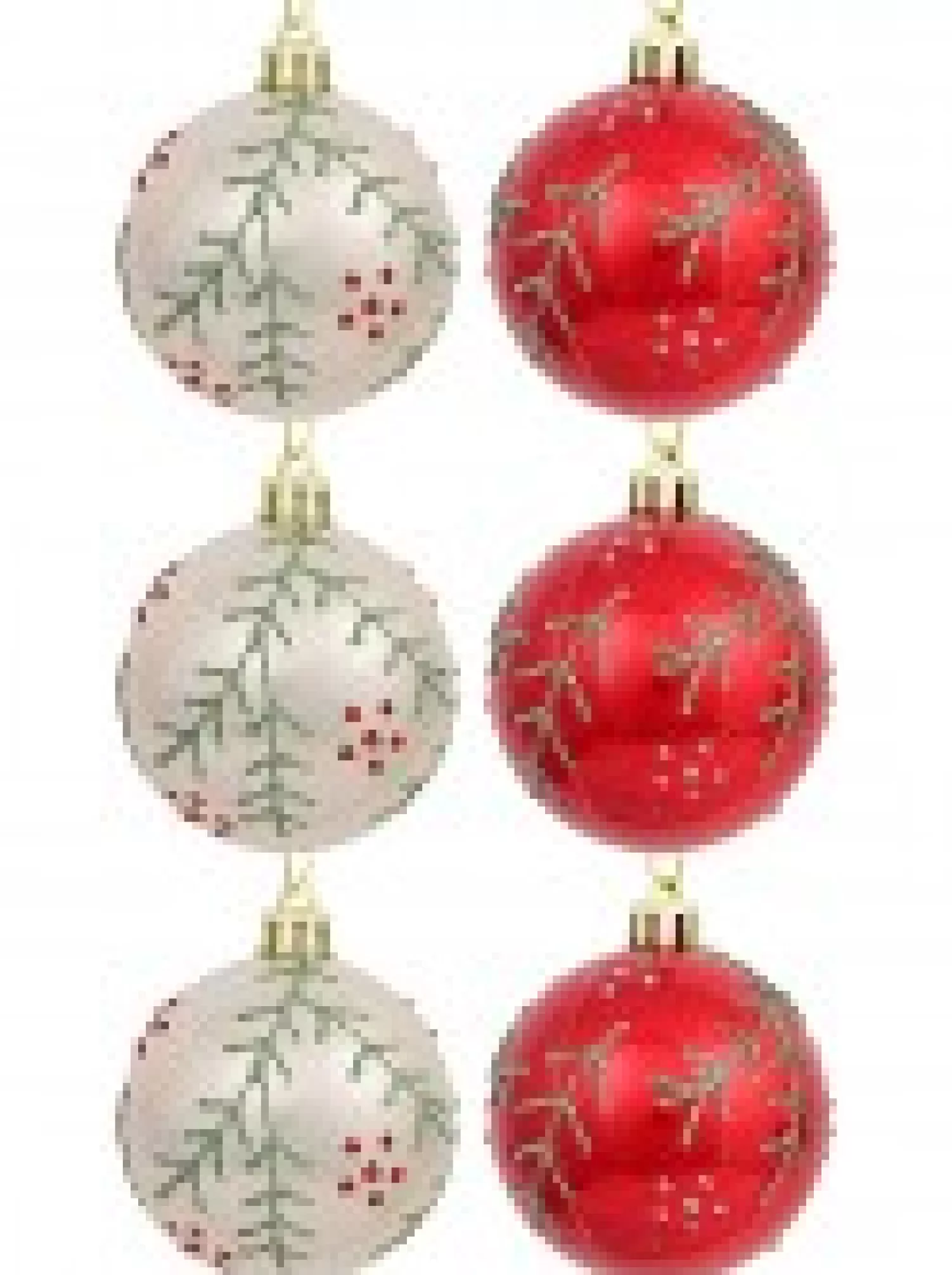 Christmas Warehouse Red & Pearl Christmas Baubles With Glittered Leaves & Dots Pattern - 6 X 60Mm> Bauble Packs