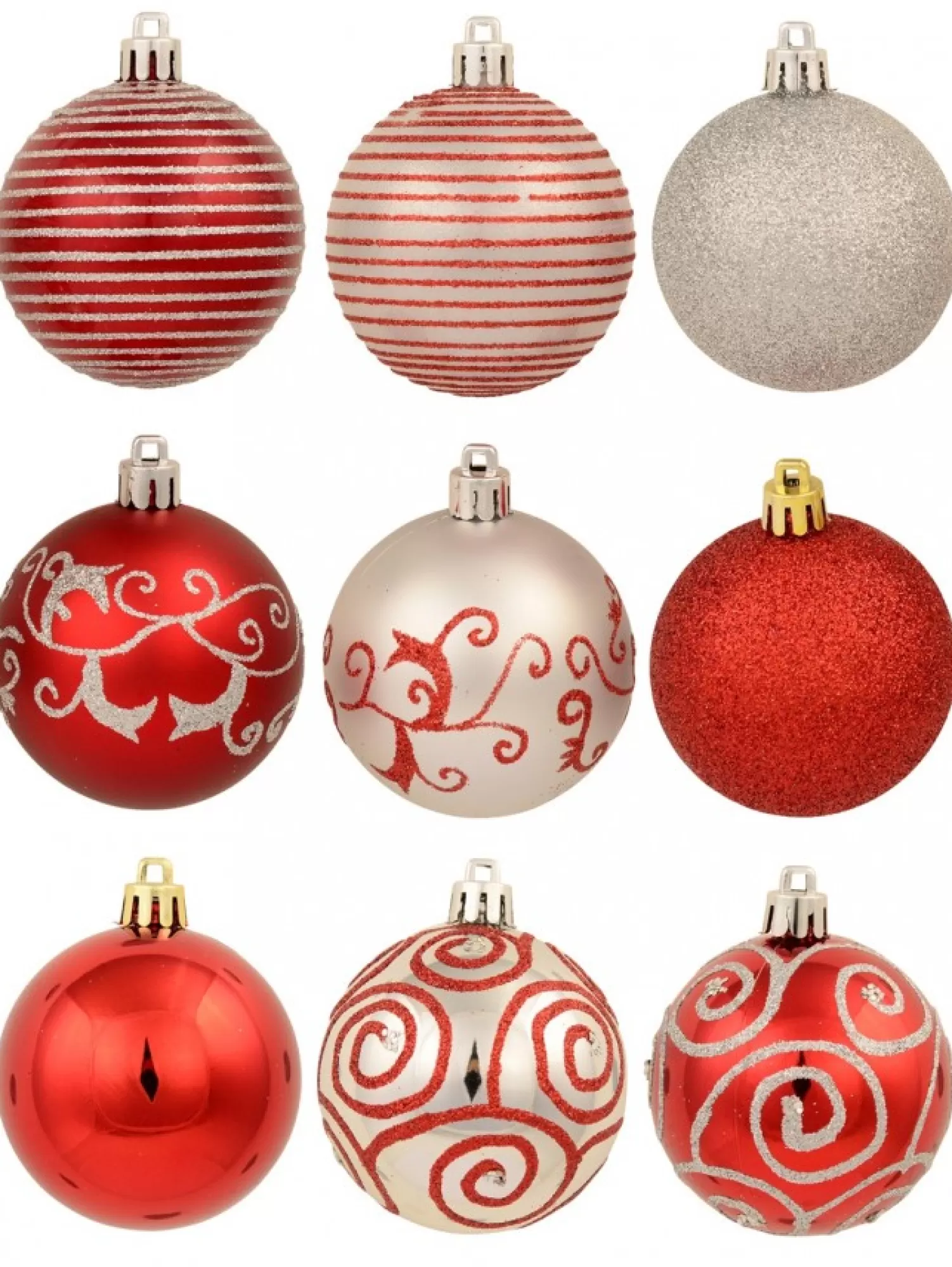 Christmas Warehouse Red & Silver Christmas Baubles With 4 Glitter Designs & Shiny - 9 X 60Mm> Bauble Packs