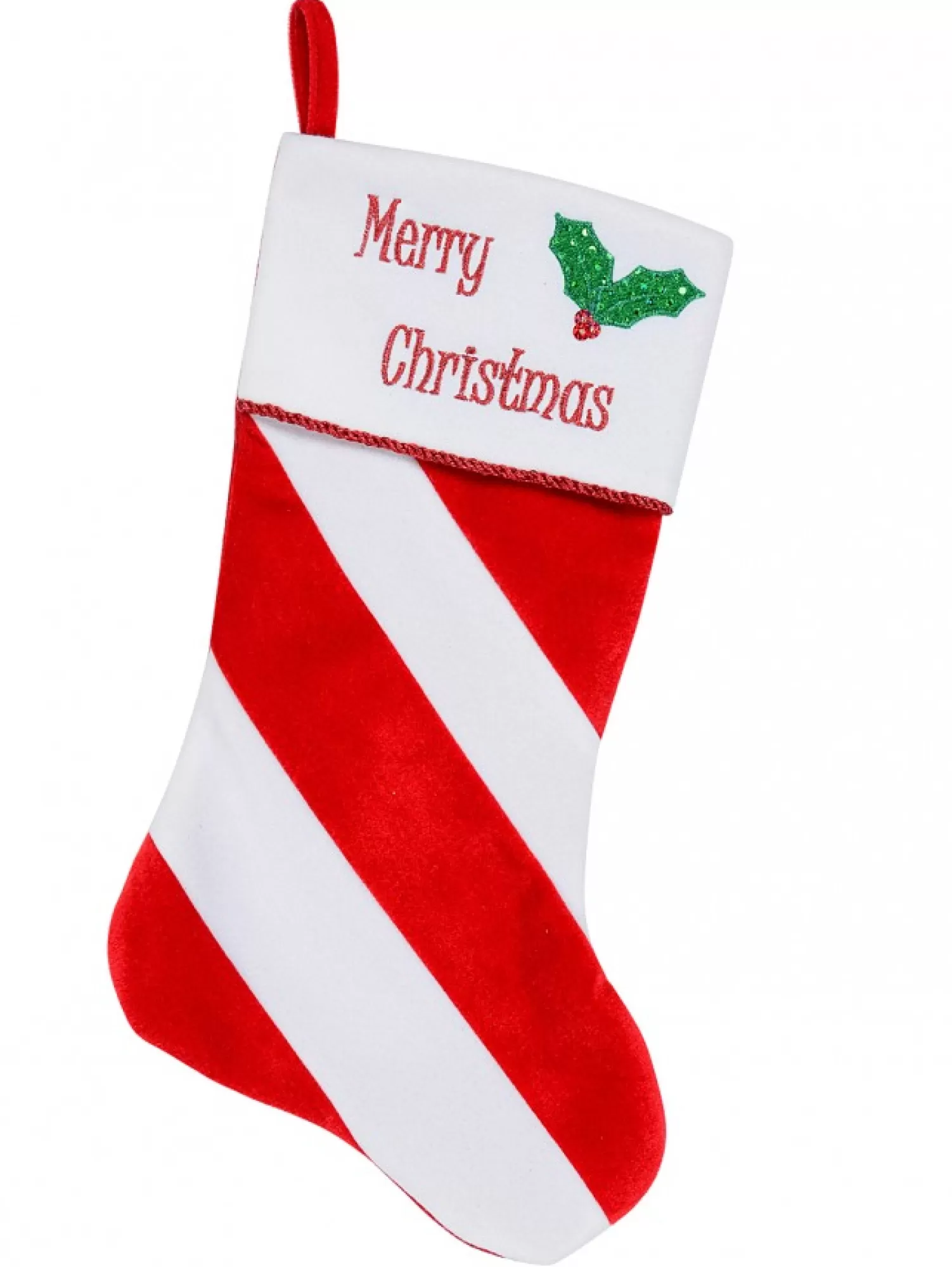 Christmas Warehouse Red & White Stripe With Font & Holly Applique Velvet Christmas Stocking - 48Cm> Christmas Stockings
