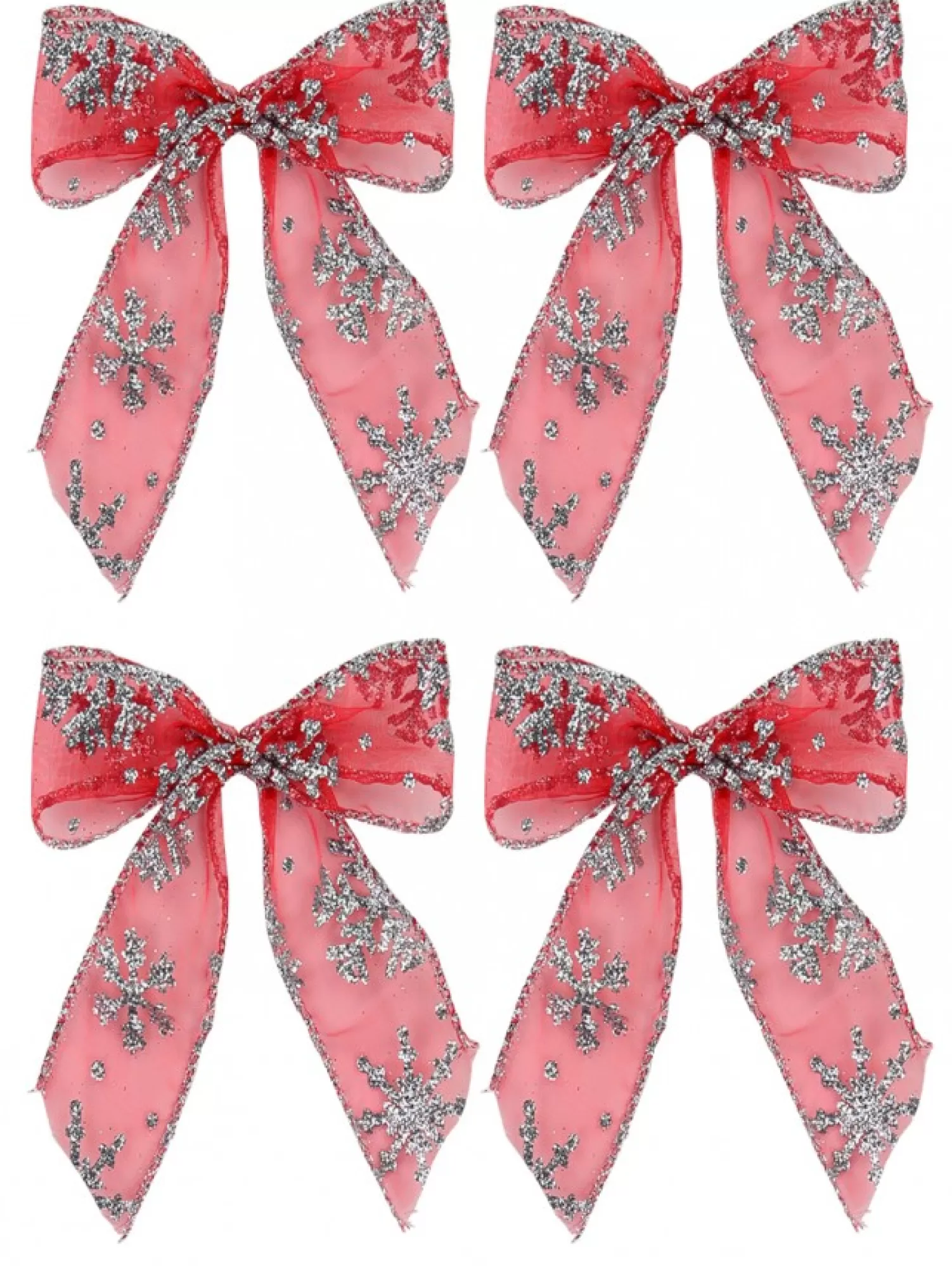Christmas Warehouse Red Christmas Tree Bow Decorations With Silver Glitter Snowflakes - 6 X 12Cm> Christmas Bows