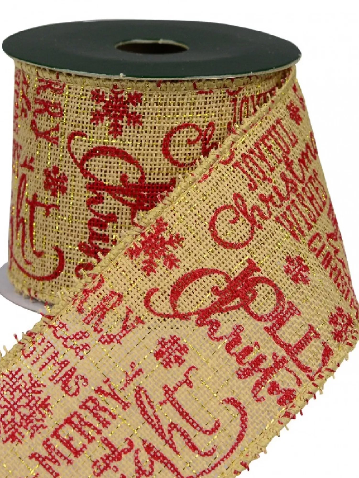 Christmas Warehouse Red Font On Natural Burlap Look Fabric & Edging Christmas Ribbon - 3M> Christmas Ribbon