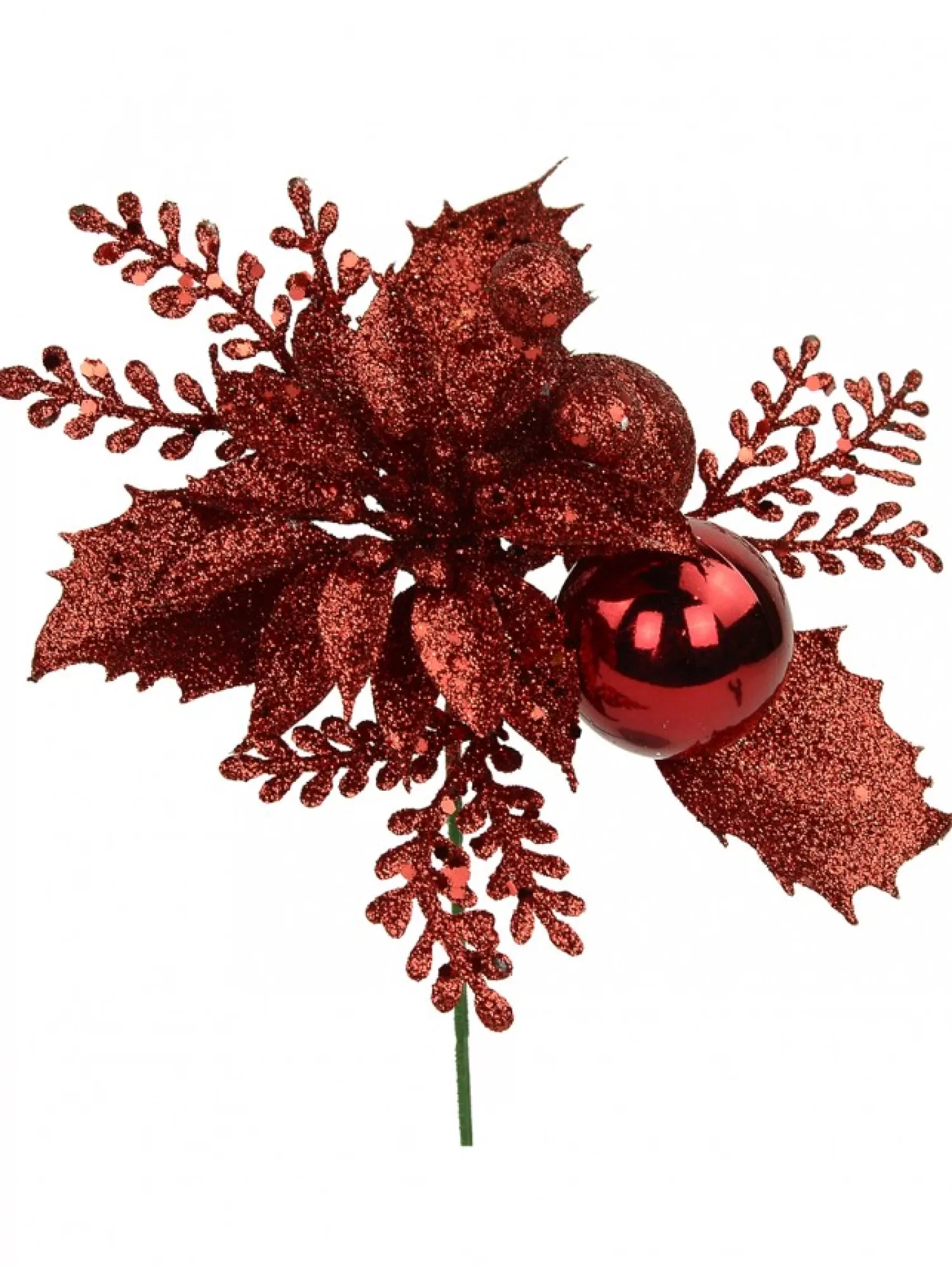 Christmas Warehouse Red Glitter Poinsettia & Holly Leaf Decorative Christmas Flower Pick - 15Cm> Christmas Picks