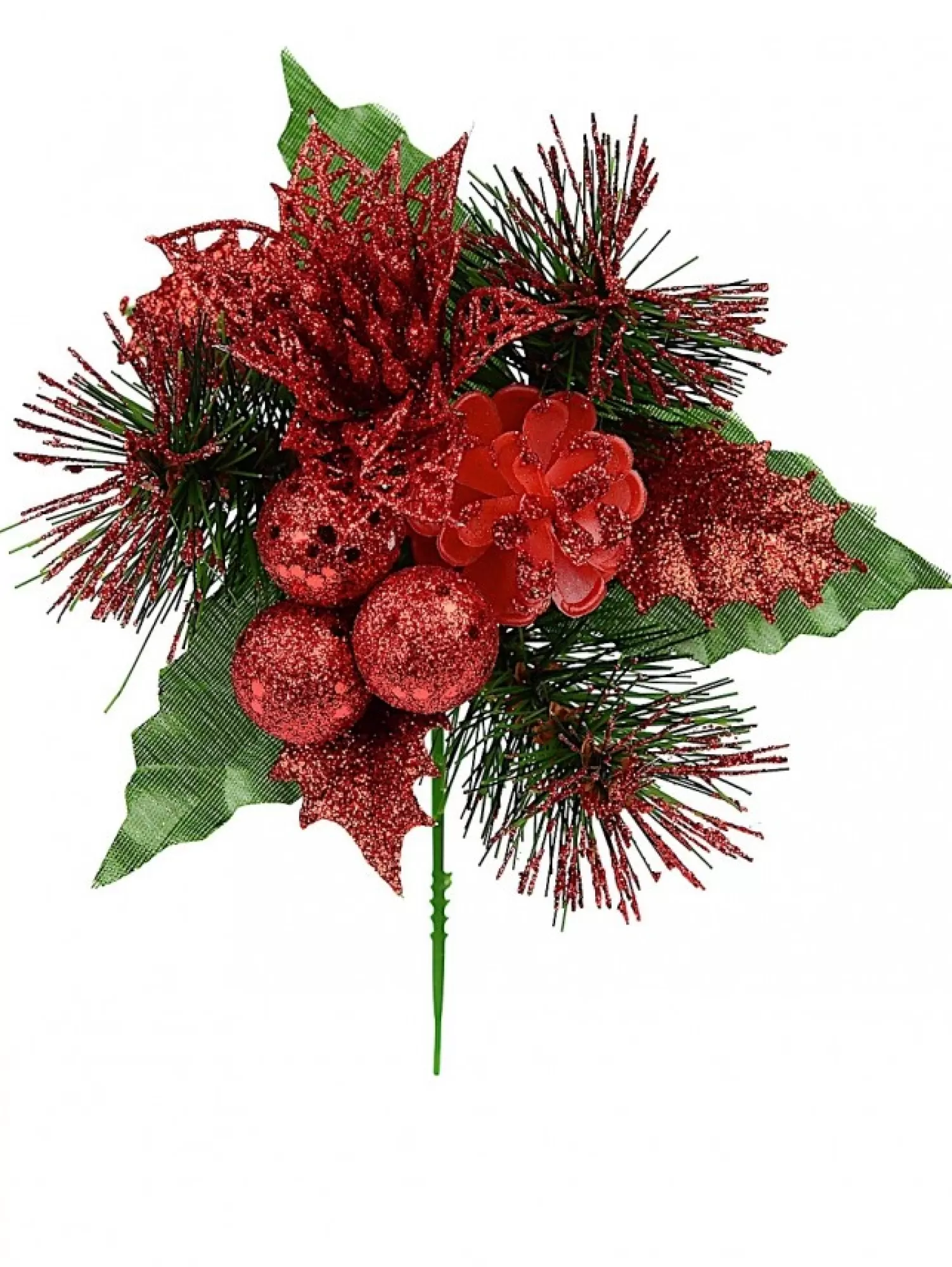 Christmas Warehouse Red Glittered Berry, Holly & Assorted Decorations Christmas Foliage Pick - 17Cm> Christmas Picks