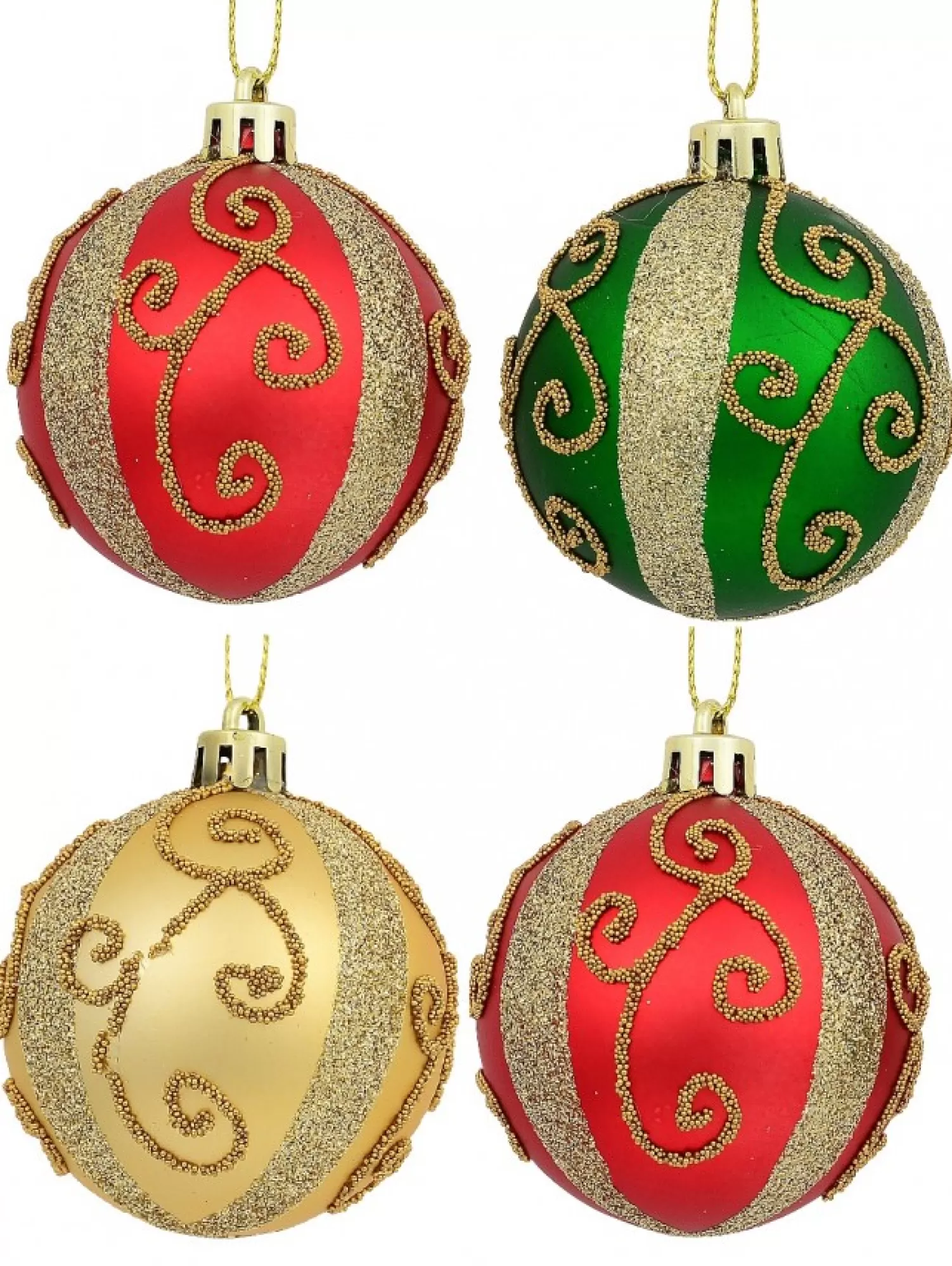 Christmas Warehouse Red, Green & Gold Baubles With Gold Filigree Pattern & Thick Stripe - 6 X 60Mm> Bauble Packs