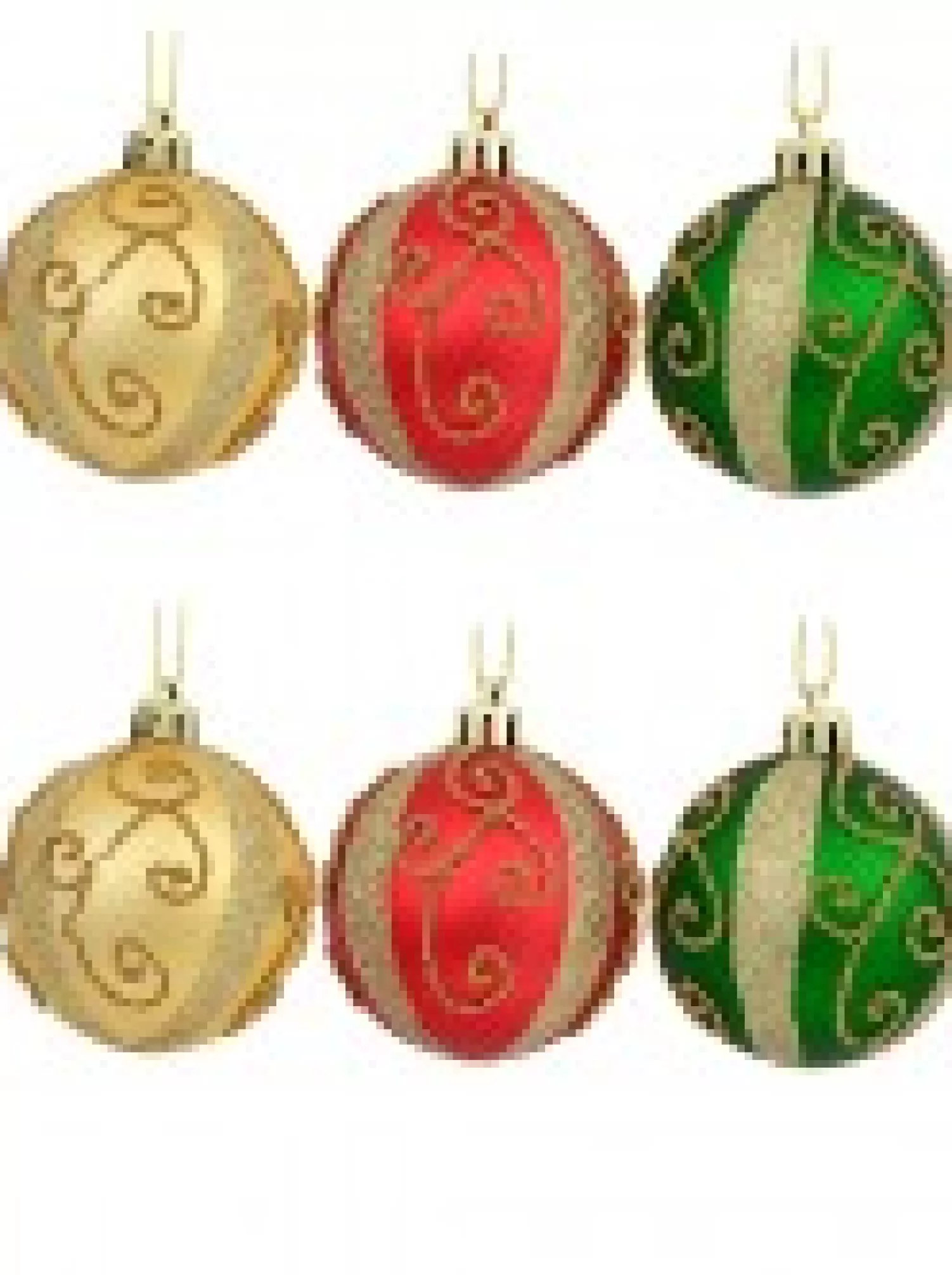Christmas Warehouse Red, Green & Gold Baubles With Gold Filigree Pattern & Thick Stripe - 6 X 60Mm> Bauble Packs