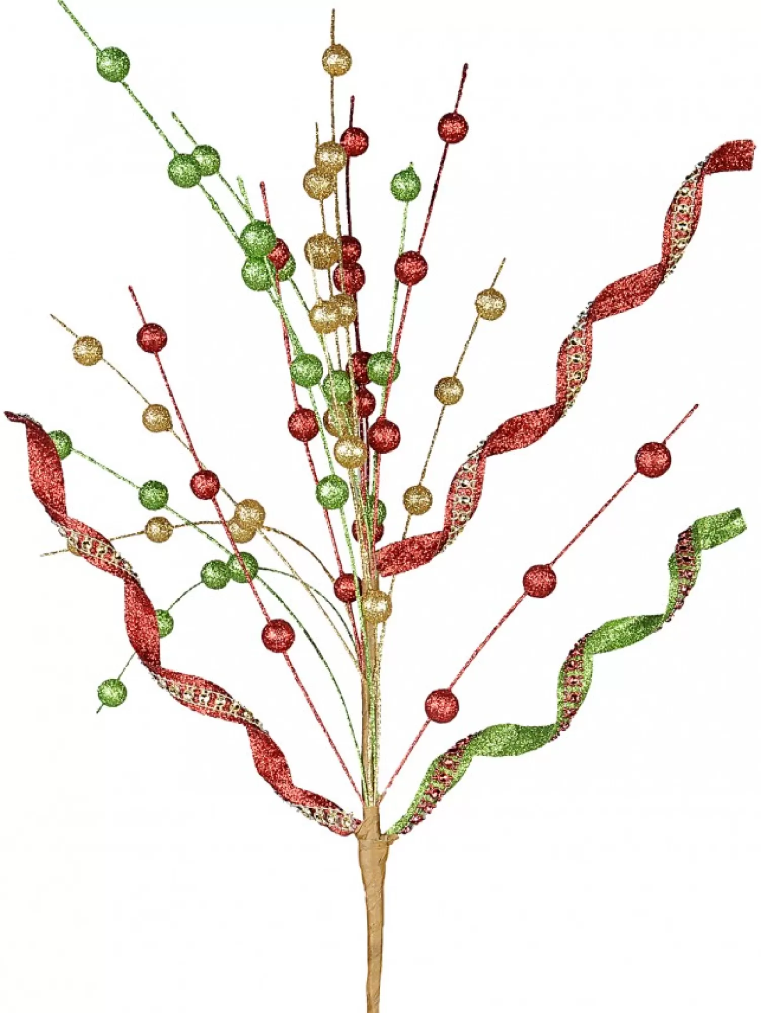Christmas Warehouse Red, Green & Gold Glitter Balls & Curls Decorative Christmas Spray Stem - 72Cm> Christmas Stems