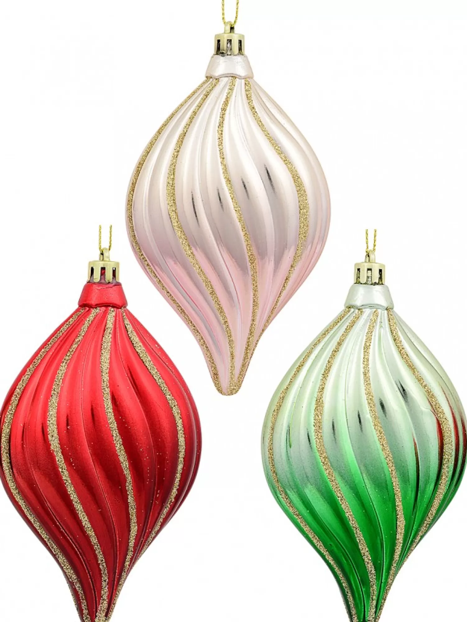Christmas Warehouse Red, Green & Pink Gradated Onion Baubles With Gold Stripes - 3 X 14Cm> Bauble Packs