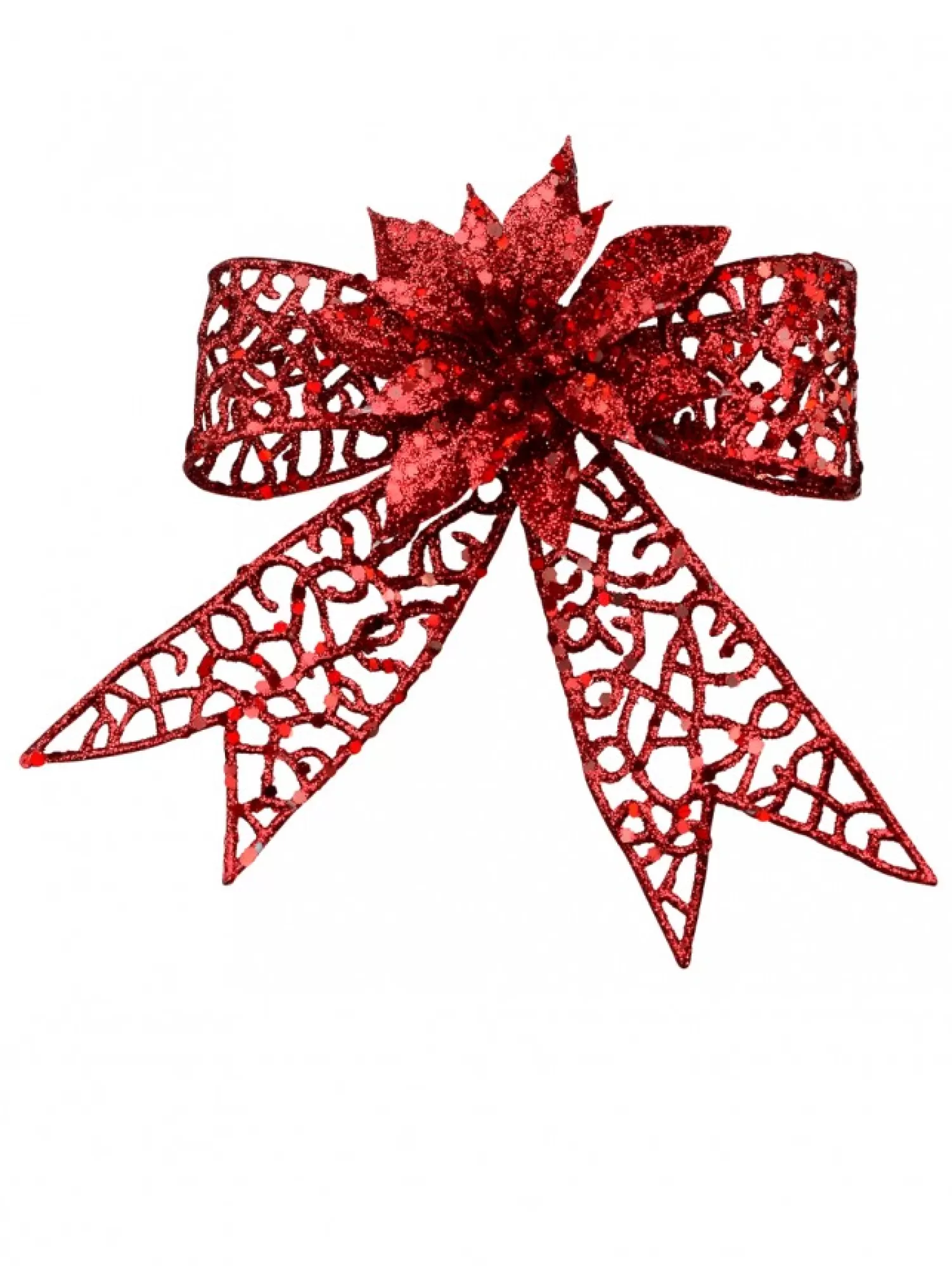 Christmas Warehouse Red Mesh Look Ribbon Bow & Poinsettia Christmas Decoration - 15Cm> Christmas Bows